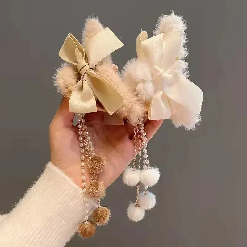 🎀 Plush Bow & Tassel Hair Claw Clips ✨ Cute Korean Style for Girls - Perfect Fall & Winter Accessory! 🦈