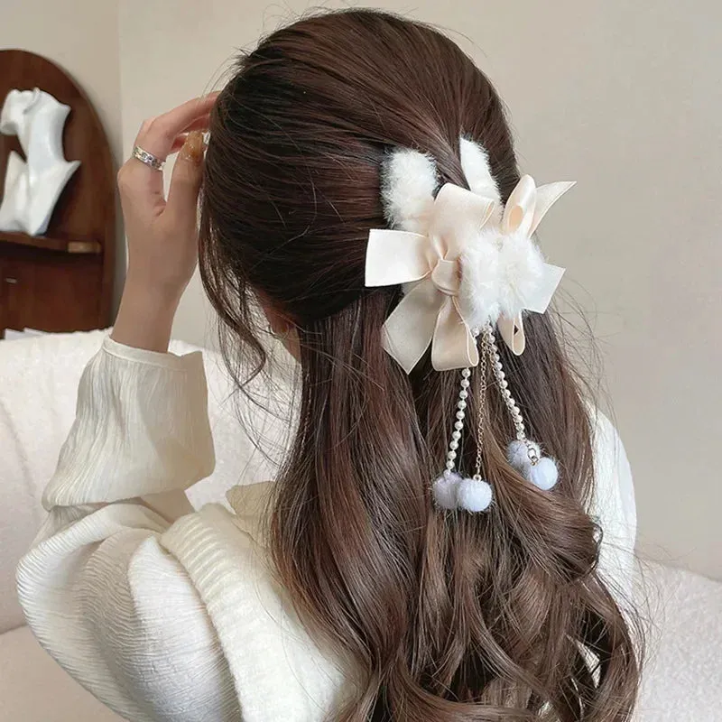🎀 Plush Bow & Tassel Hair Claw Clips ✨ Cute Korean Style for Girls - Perfect Fall & Winter Accessory! 🦈