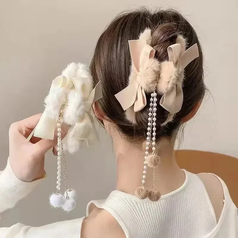 🎀 Plush Bow & Tassel Hair Claw Clips ✨ Cute Korean Style for Girls - Perfect Fall & Winter Accessory! 🦈