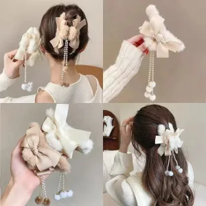 🎀 Plush Bow & Tassel Hair Claw Clips ✨ Cute Korean Style for Girls - Perfect Fall & Winter Accessory! 🦈