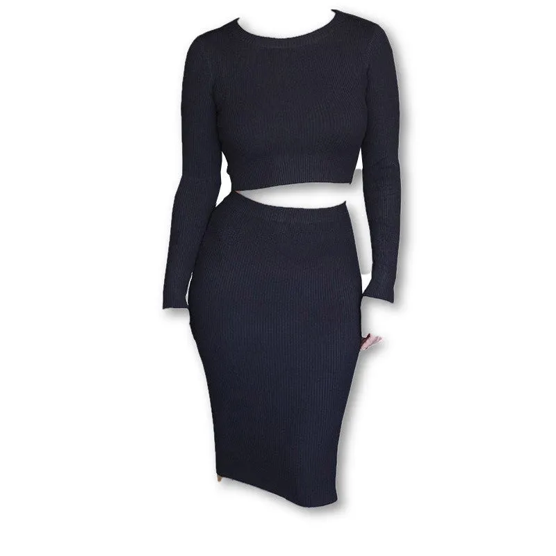 1 Set Women's O Neck Crop Tops And Skirt Set Women Sexy Long Sleeve Autumn Tracksuit Plus Size Tracksuits Women's Suit