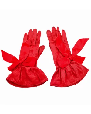 1990s Red Leather Gloves with Satin Bows