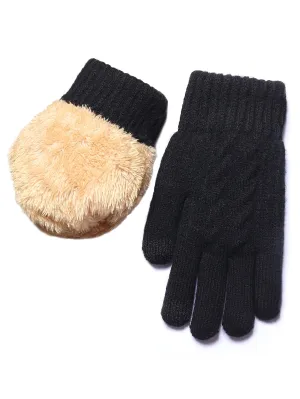 1pair Double Layer Thick & 1pair Knitted Fleece Lined Gloves - Black
