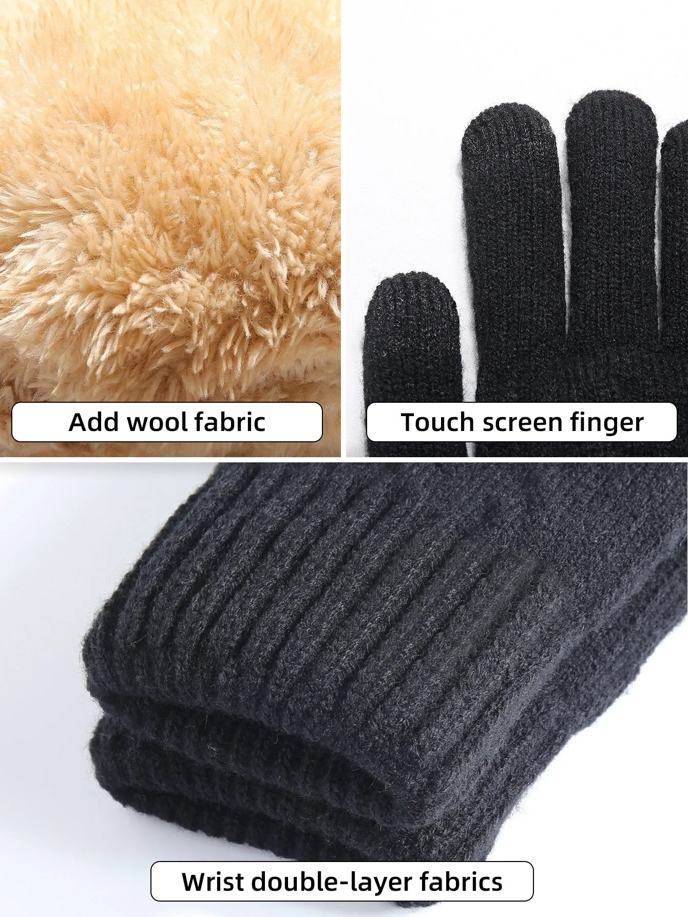 1pair Double Layer Thick & 1pair Knitted Fleece Lined Gloves - Black