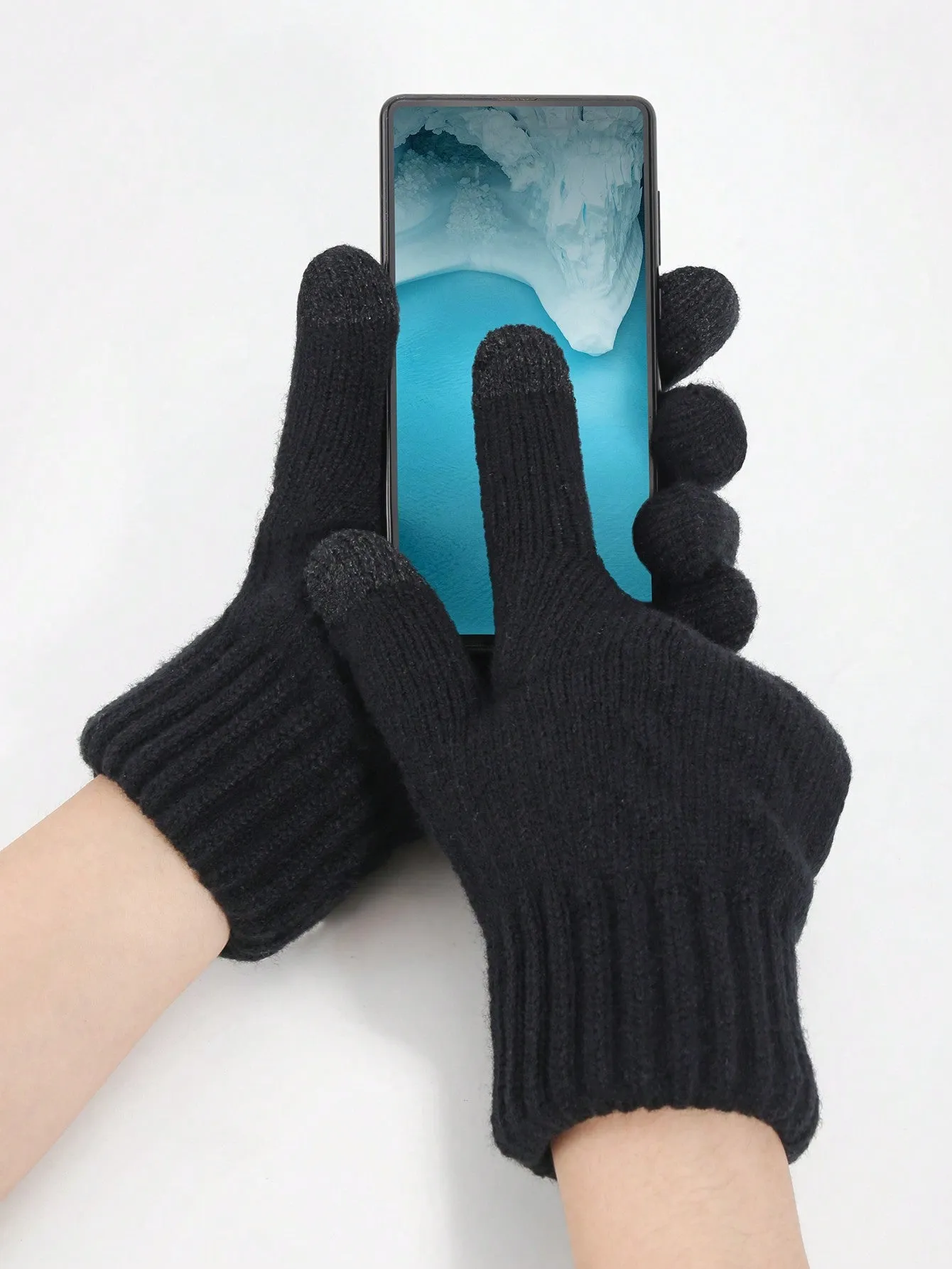 1pair Double Layer Thick & 1pair Knitted Fleece Lined Gloves - Black