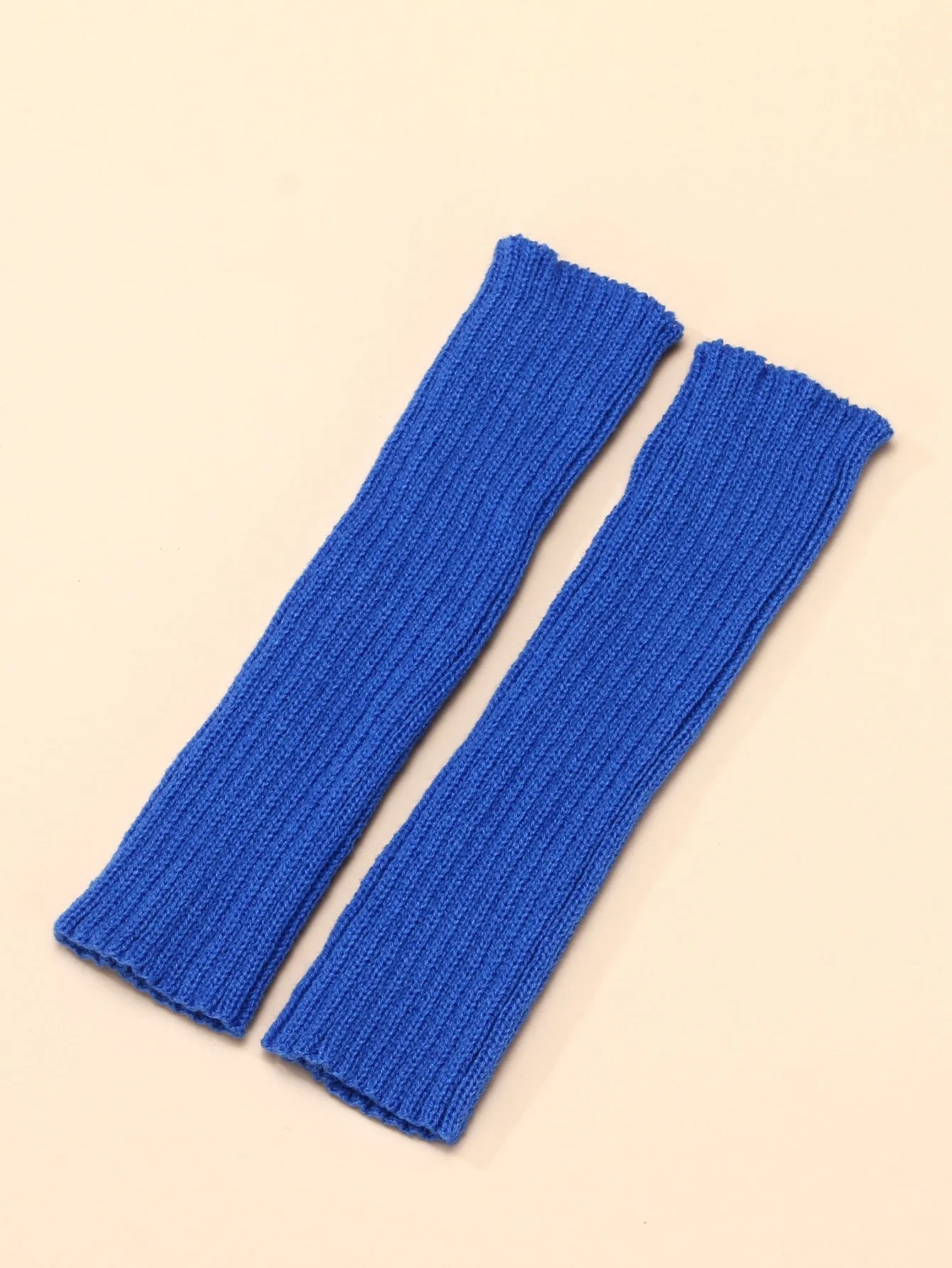 1pair Knitted Striped Fingerless Short Gloves - Royal Blue