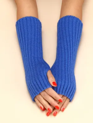 1pair Knitted Striped Fingerless Short Gloves - Royal Blue