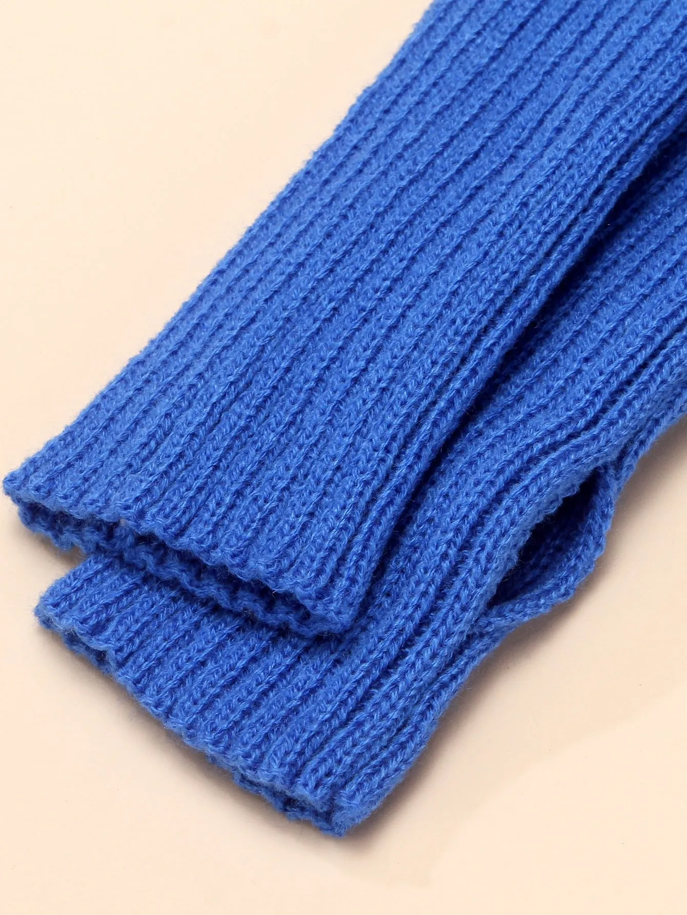 1pair Knitted Striped Fingerless Short Gloves - Royal Blue