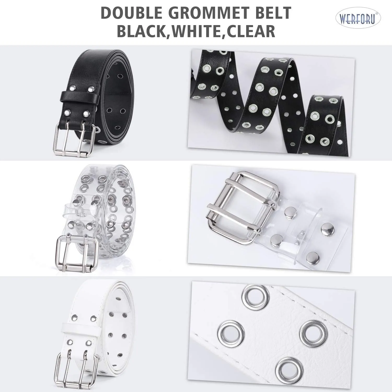 2 Pack Double Grommet Belt PU Leather Punk Belt for Women Jeans