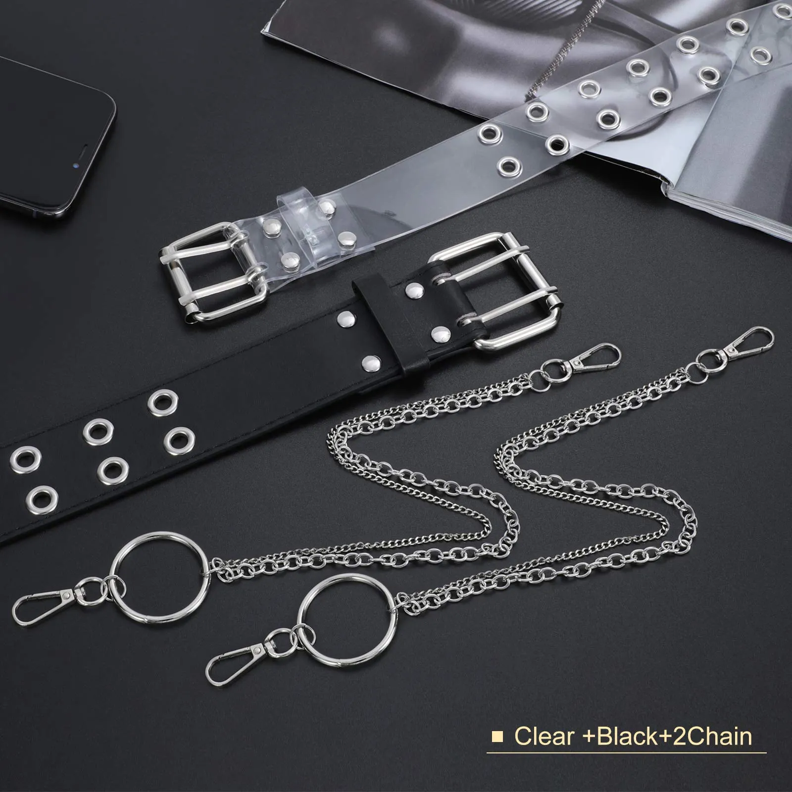 2 Pack Double Grommet Belt PU Leather Punk Belt for Women Jeans