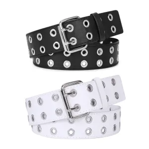 2 Pack Double Grommet Belt PU Leather Punk Belt for Women Jeans