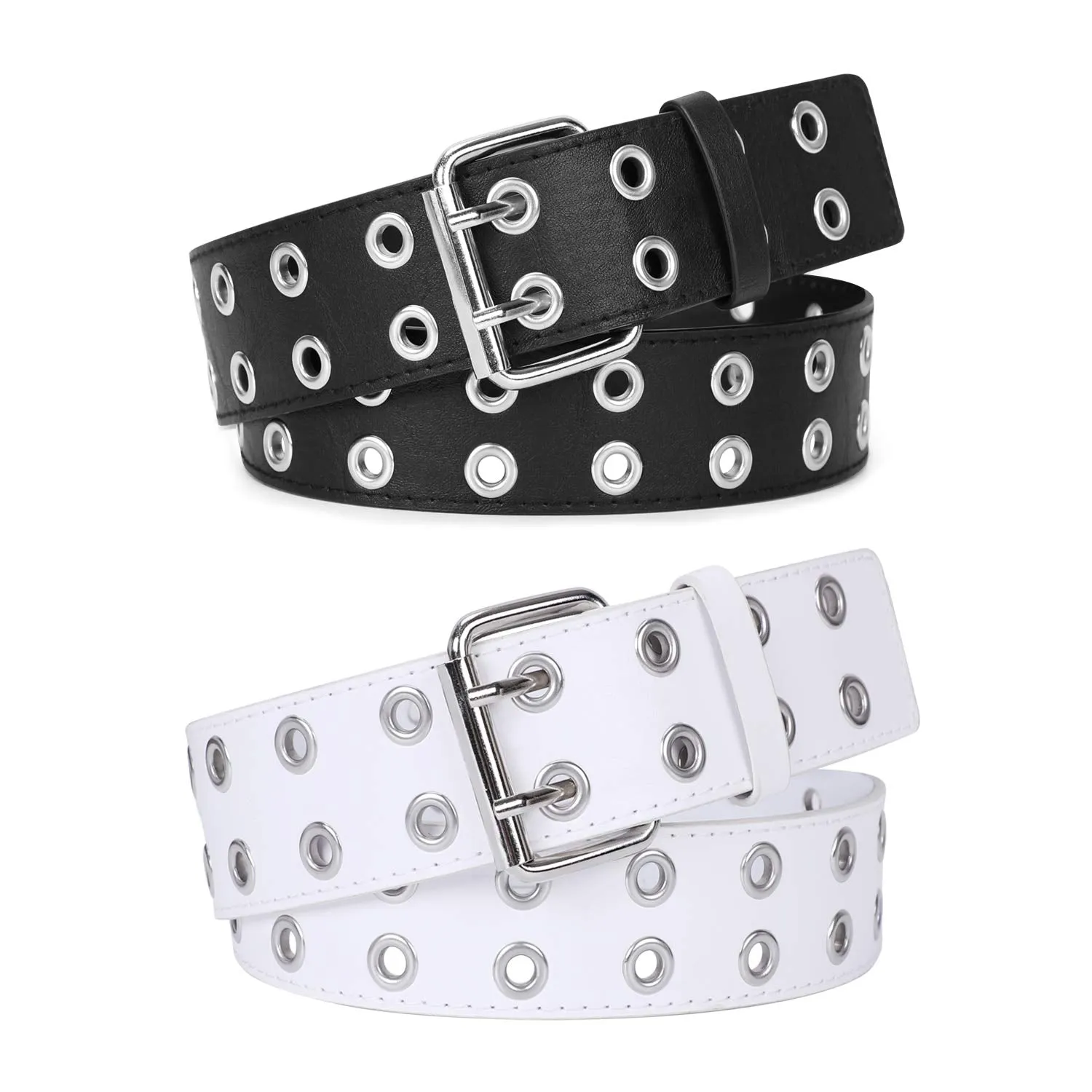 2 Pack Double Grommet Belt PU Leather Punk Belt for Women Jeans