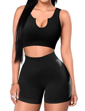 2 Piece Workout  Yoga Outfits Ribbed Sports Bra Gym Shorts
