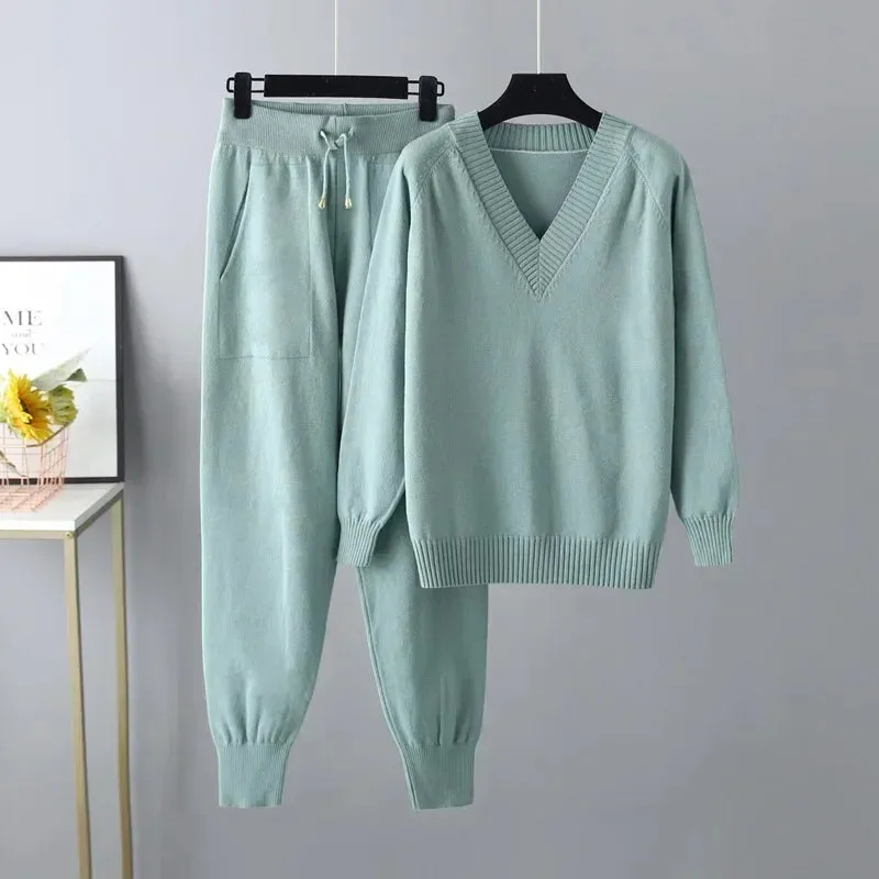 2024 Autumn Winter Women’s V Neck Sweater Two Piece Set Female Knitted Pants Suits Fashion Casual Pullover Tracksuits Outwear
