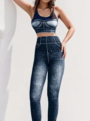2pcs Fitness Yoga Suit Gym Outfits Set Denim Printed Top with Chest Pads and Leggings