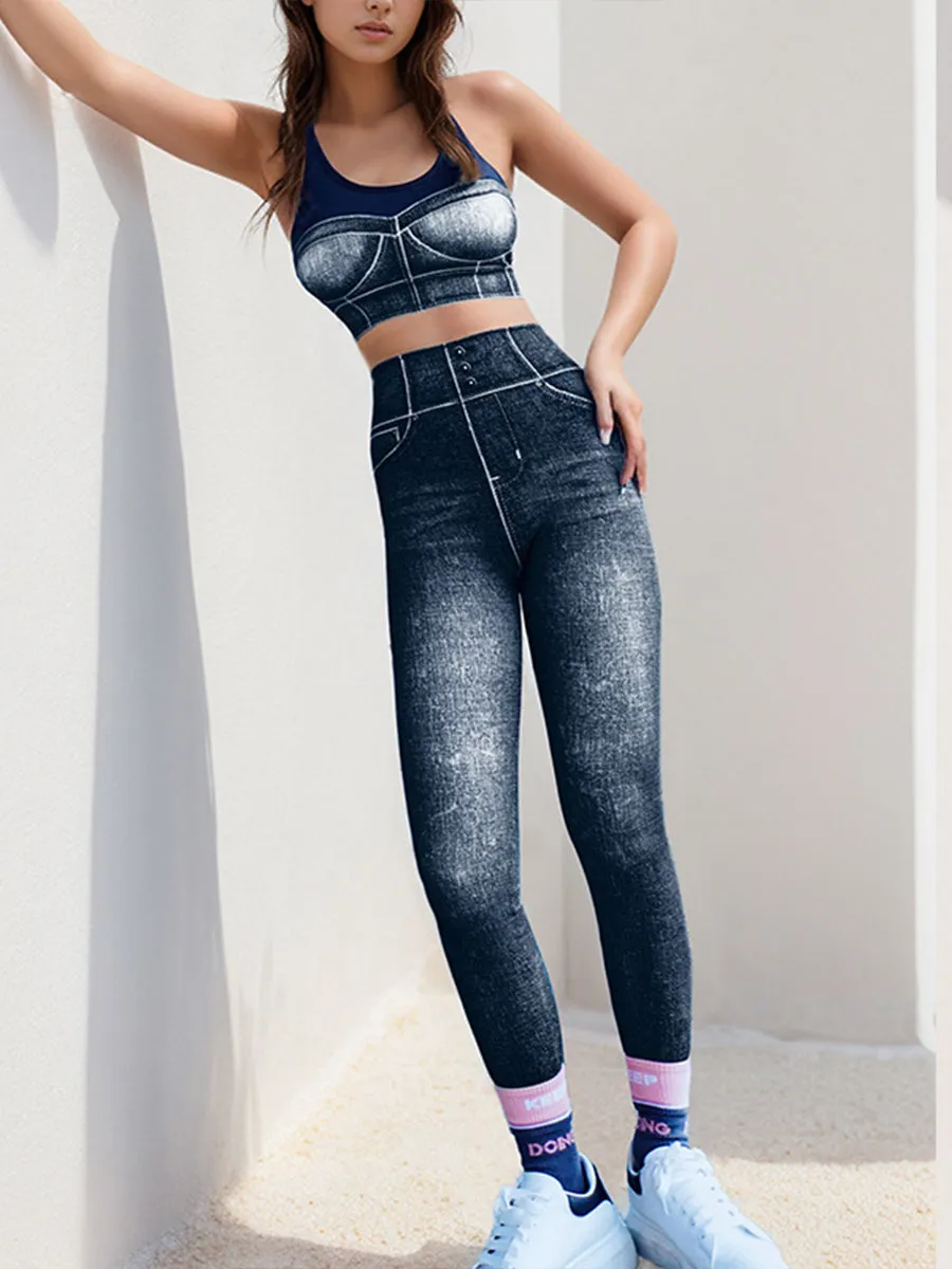 2pcs Fitness Yoga Suit Gym Outfits Set Denim Printed Top with Chest Pads and Leggings