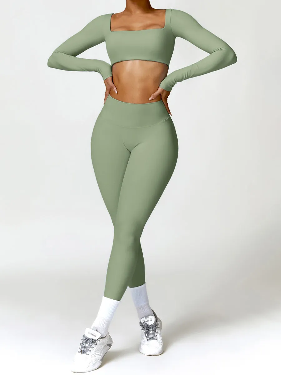 2pcs Long Sleeves Crop Top Skin-Friendly Sports Set Workout Set Fitness Yoga Suit with Chest Pads
