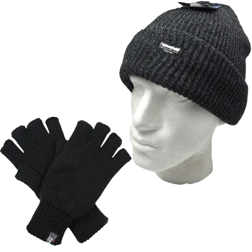 2pcs Winter Set Mens 3M Thinsulate Beanie Hat   Knitted Fingerless Gloves Snow
