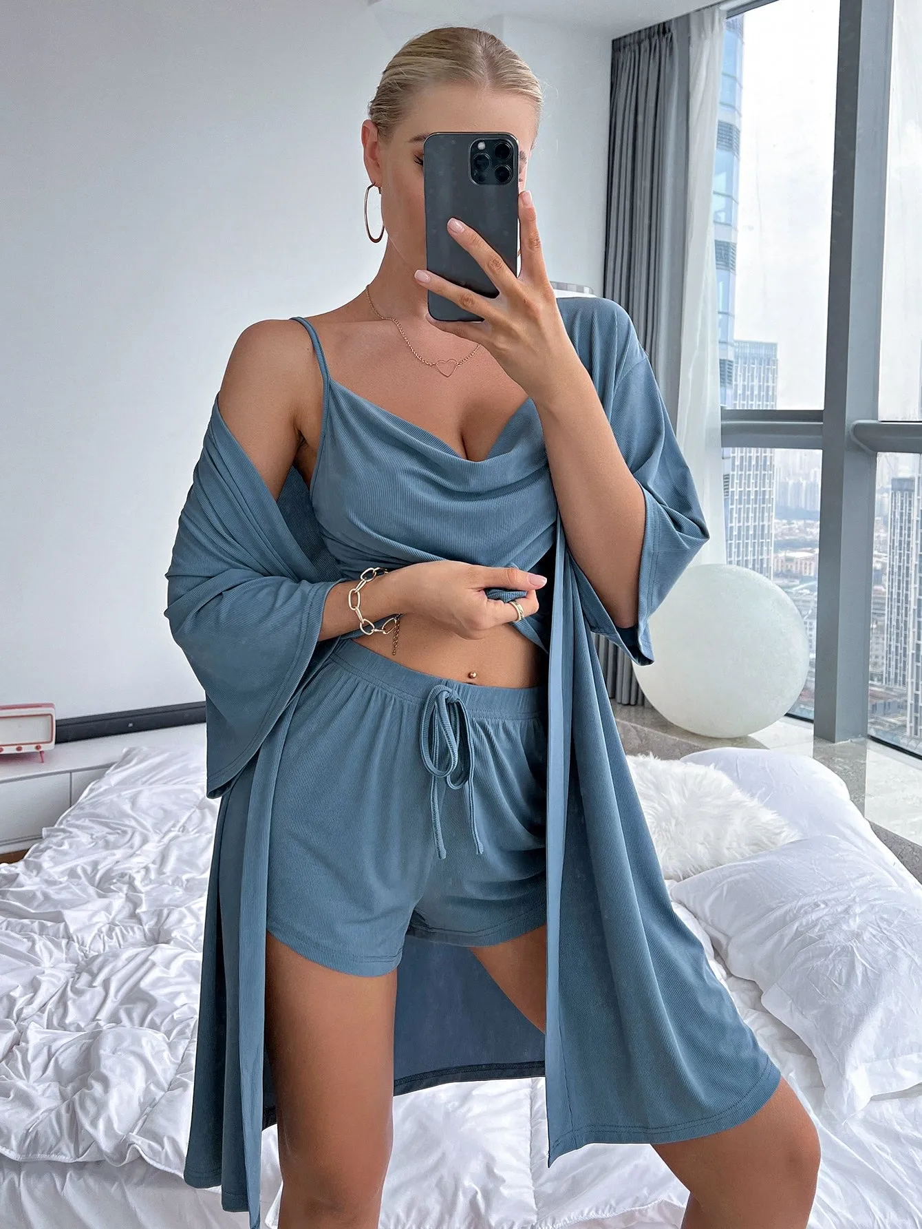 3pcs Tie Waist Rib-knit Lounge Set