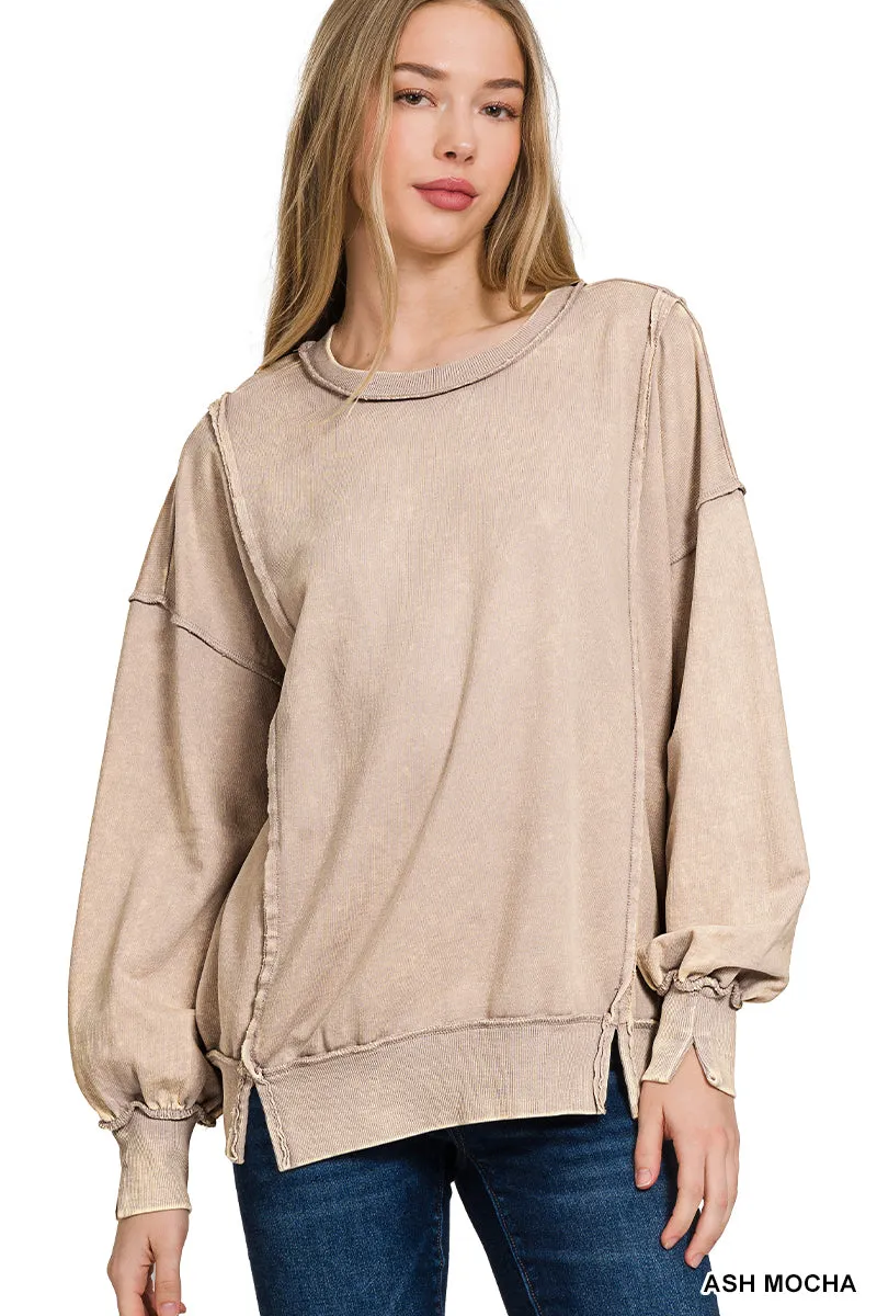 Acid wash f/terry exposed-seam sweatshirt