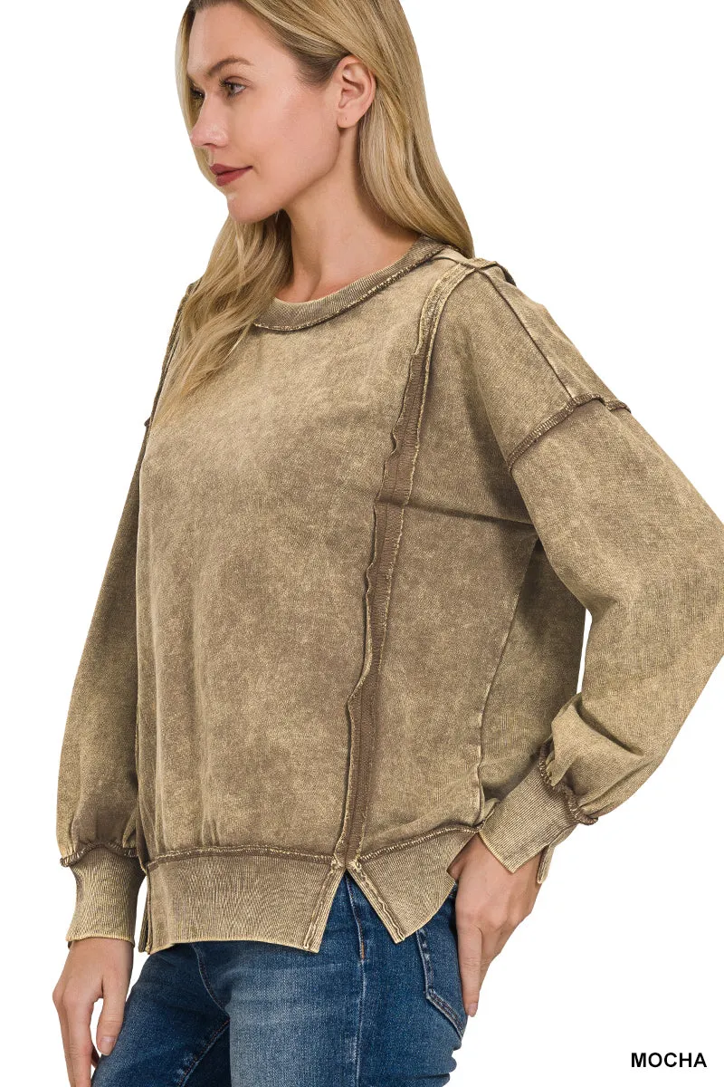 Acid wash f/terry exposed-seam sweatshirt