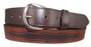 APPLIQUE WESTERN BELT - 2 Tone Brown Decorative Stitched Bridle Leather