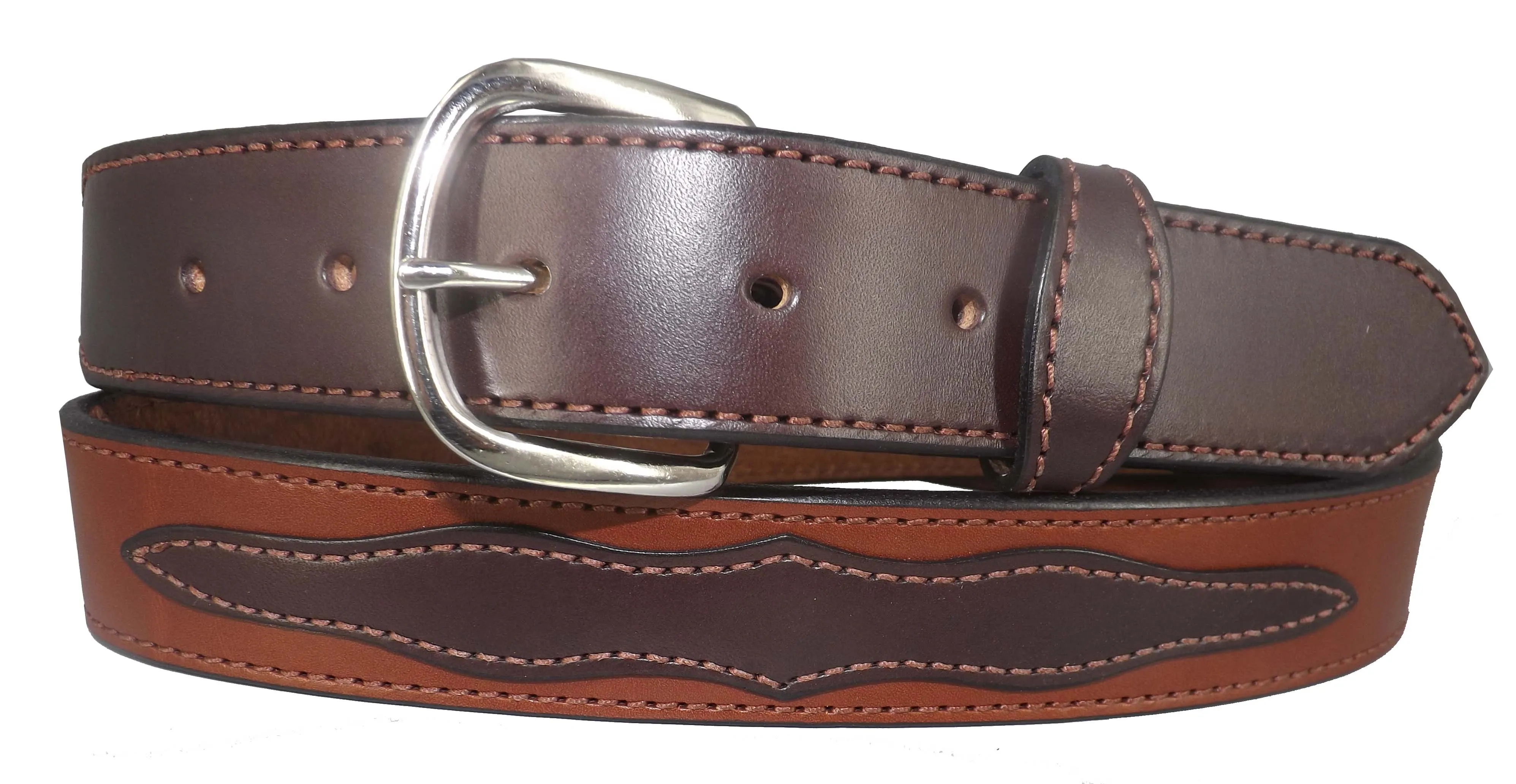 APPLIQUE WESTERN BELT - 2 Tone Brown Decorative Stitched Bridle Leather