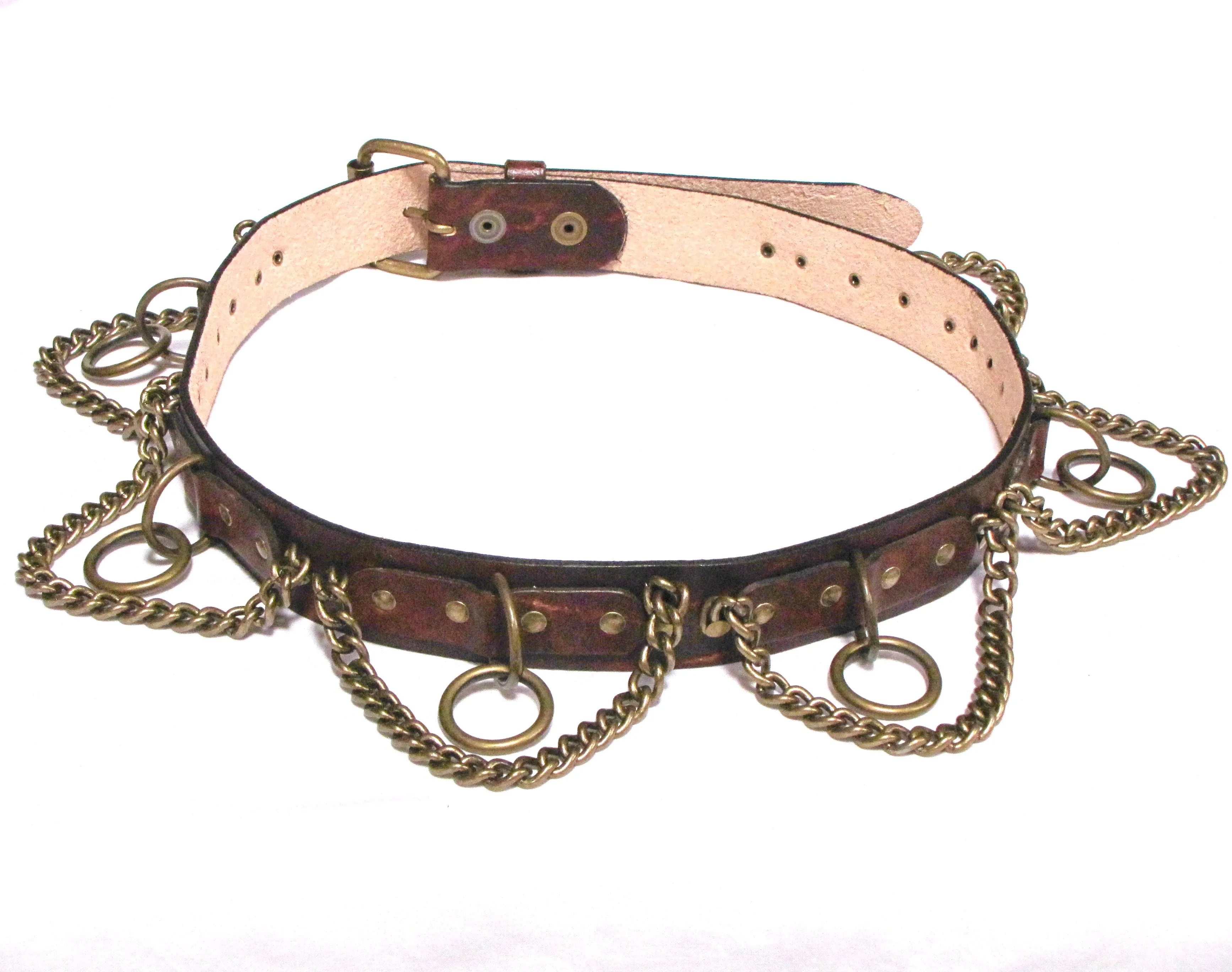 ARB-6  1 1/2" Antique Finish Bondage Belt w/ Brass Rings & Chains