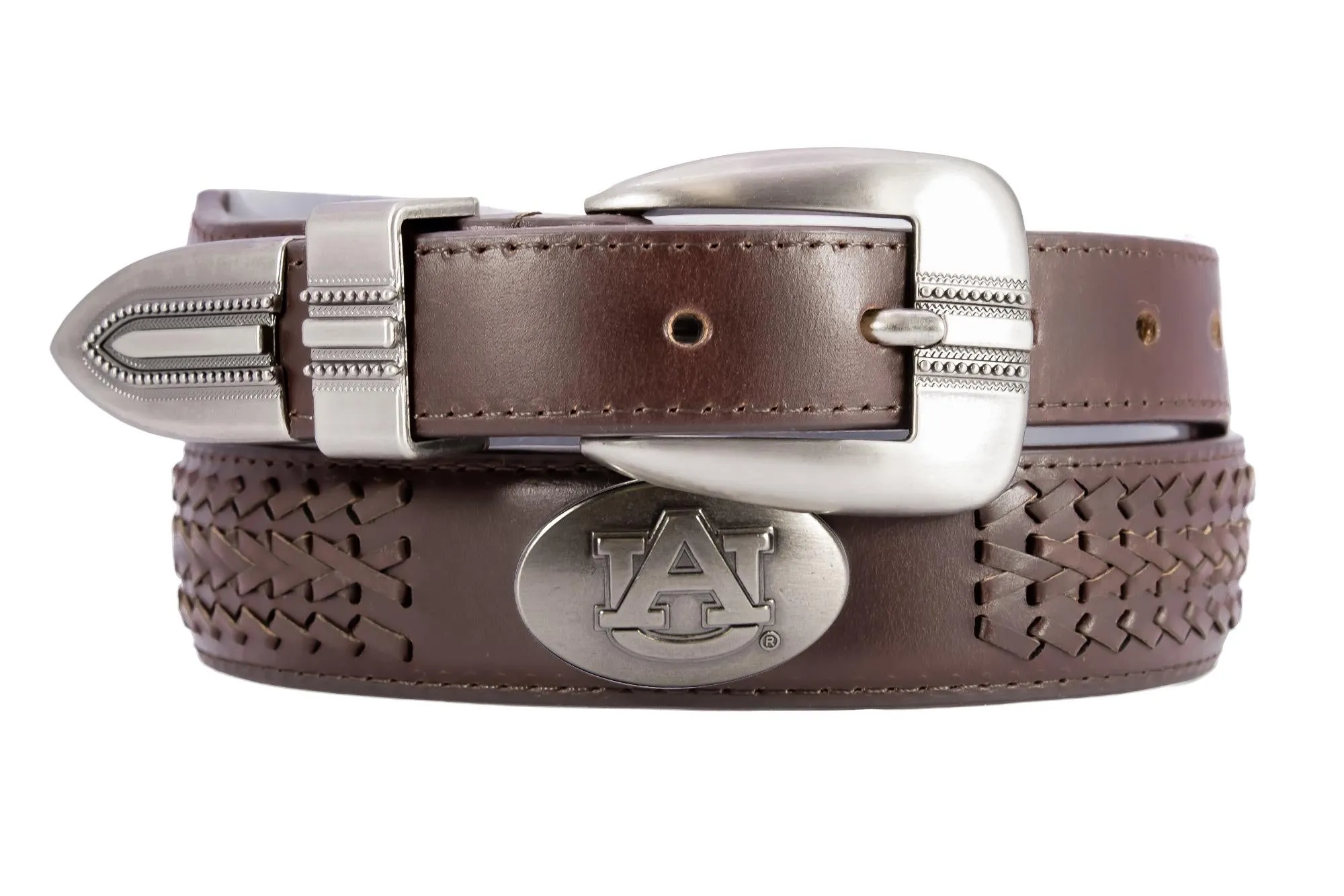 Auburn Tigers Men's Braided Leather Belt. Auburn Gift. Tigers Belt. War Eagle. Brown Braided Full Grain Finish With Metal Emblem Conchos.