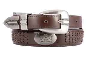 Auburn Tigers Men's Braided Leather Belt. Auburn Gift. Tigers Belt. War Eagle. Brown Braided Full Grain Finish With Metal Emblem Conchos.