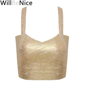 Autumn Sexy Gold Silver Women Bandage Top Spaghetti Strap Bandage V Neck Vest Tank Top Knitted Bandage Club Vest