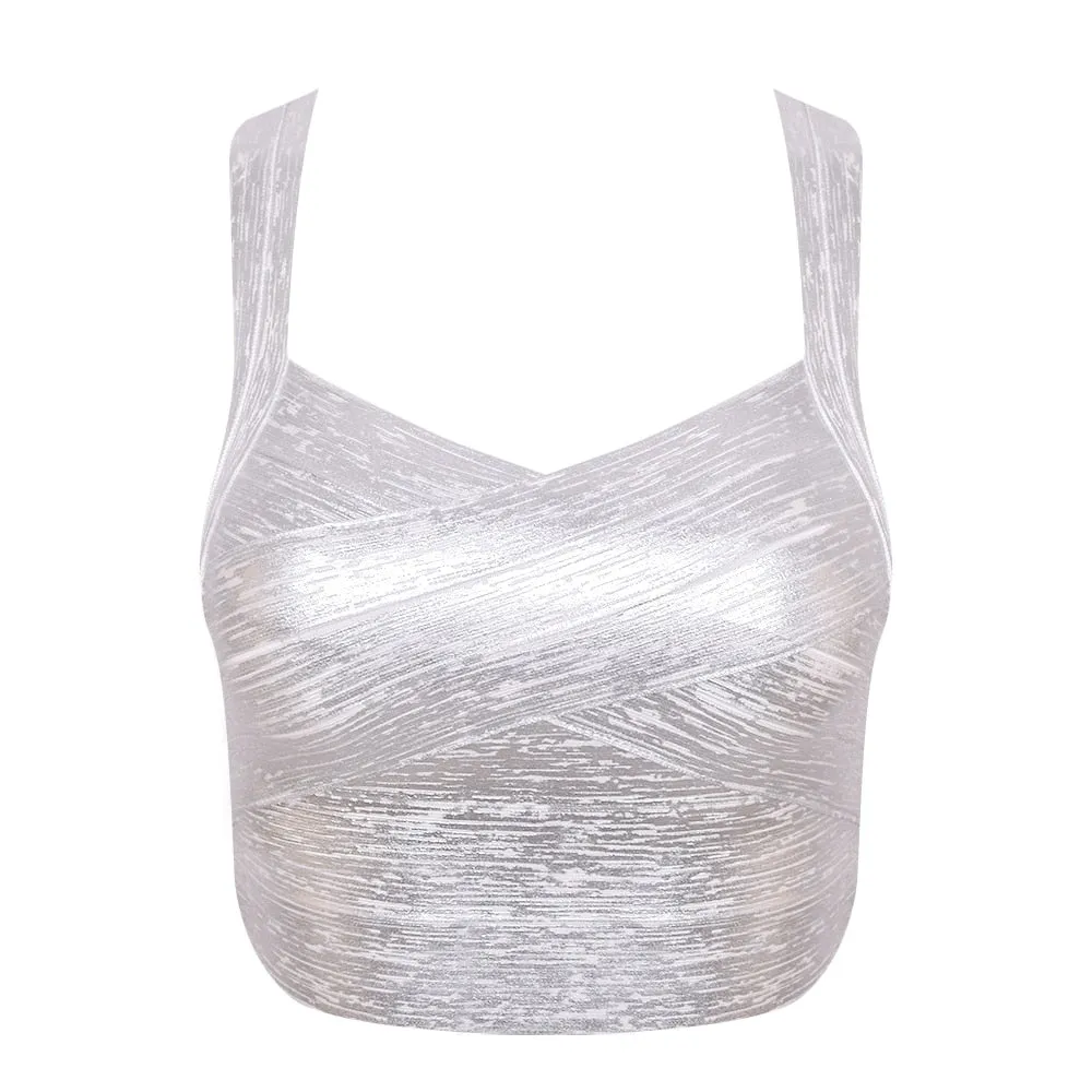 Autumn Sexy Gold Silver Women Bandage Top Spaghetti Strap Bandage V Neck Vest Tank Top Knitted Bandage Club Vest