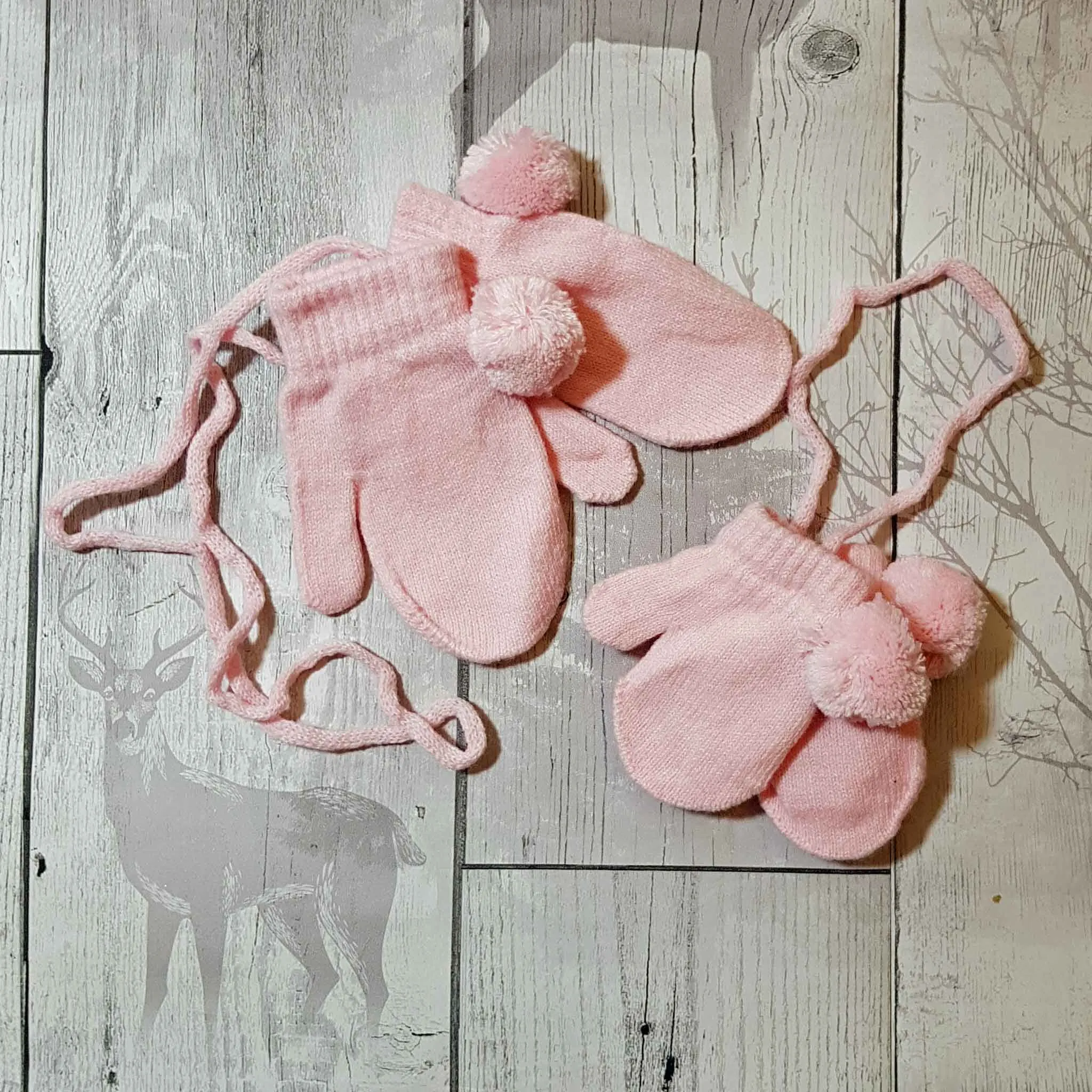 Baby Mittens/ Gloves with pom poms and connecting string (Two sizes) - Pink