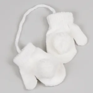 Baby Mittens / Gloves with pom poms and connecting string (Two sizes) - White