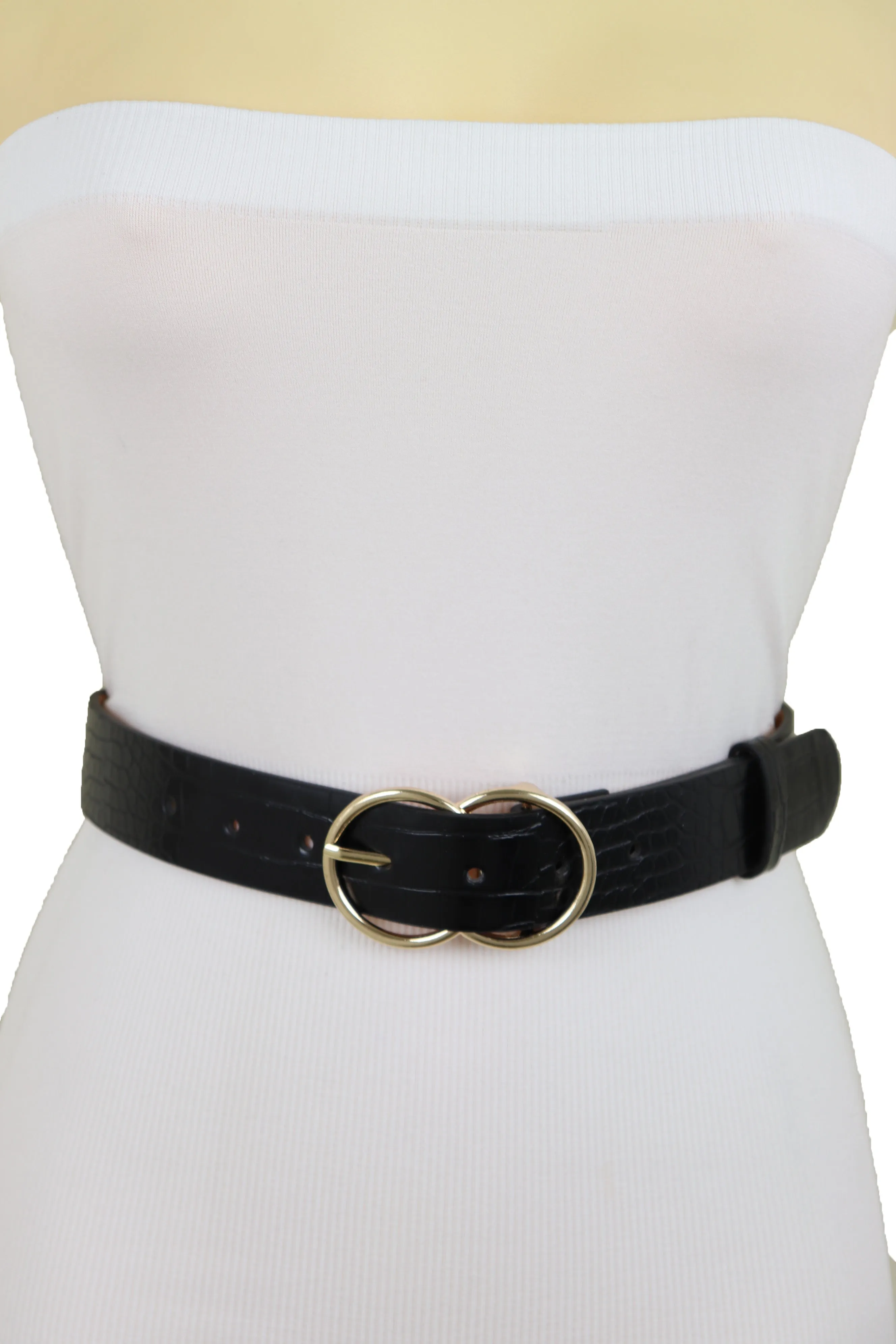 Belt Black Faux Leather Crocodile Stamp Gold Metal Circle Buckle Size M L