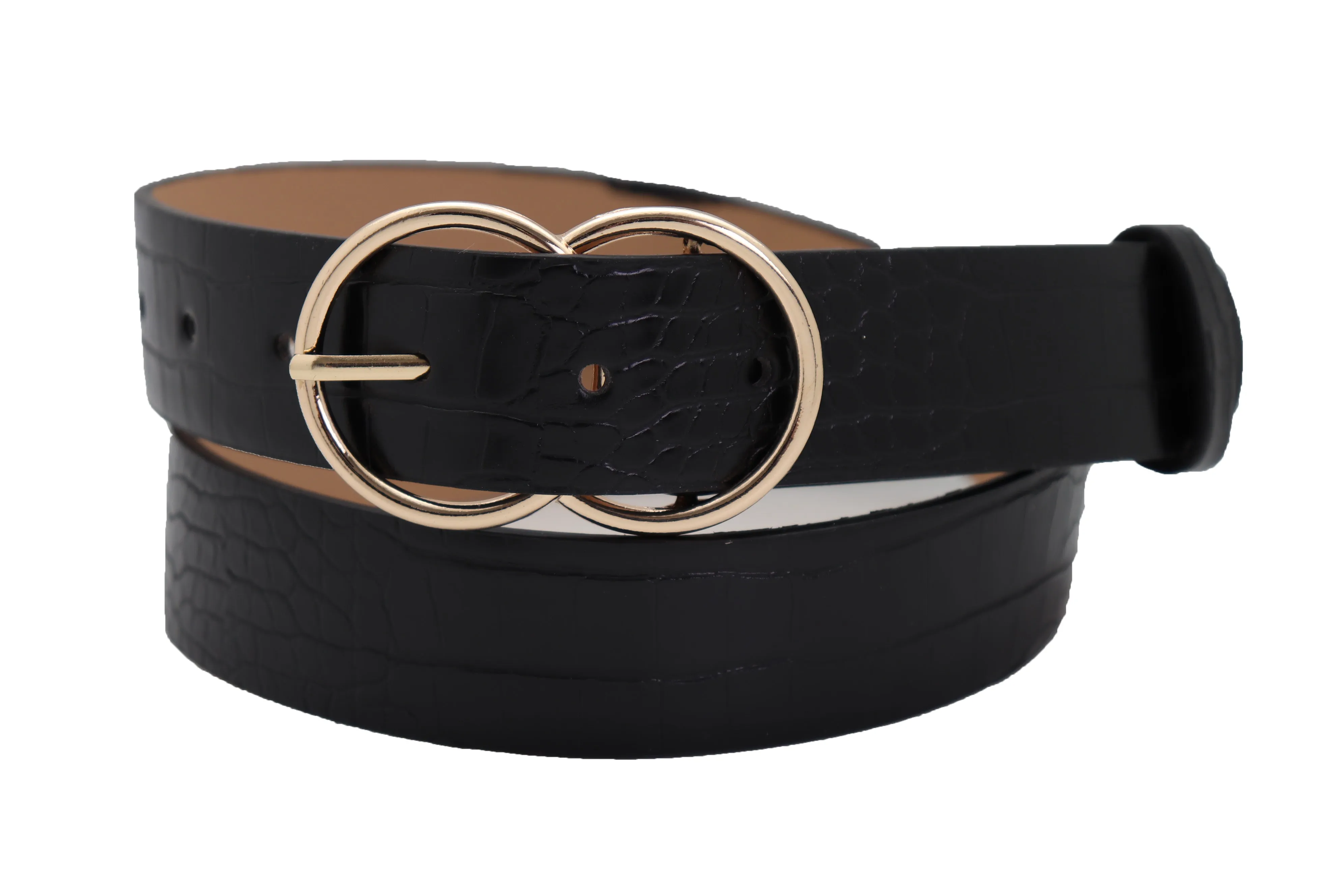 Belt Black Faux Leather Crocodile Stamp Gold Metal Circle Buckle Size M L