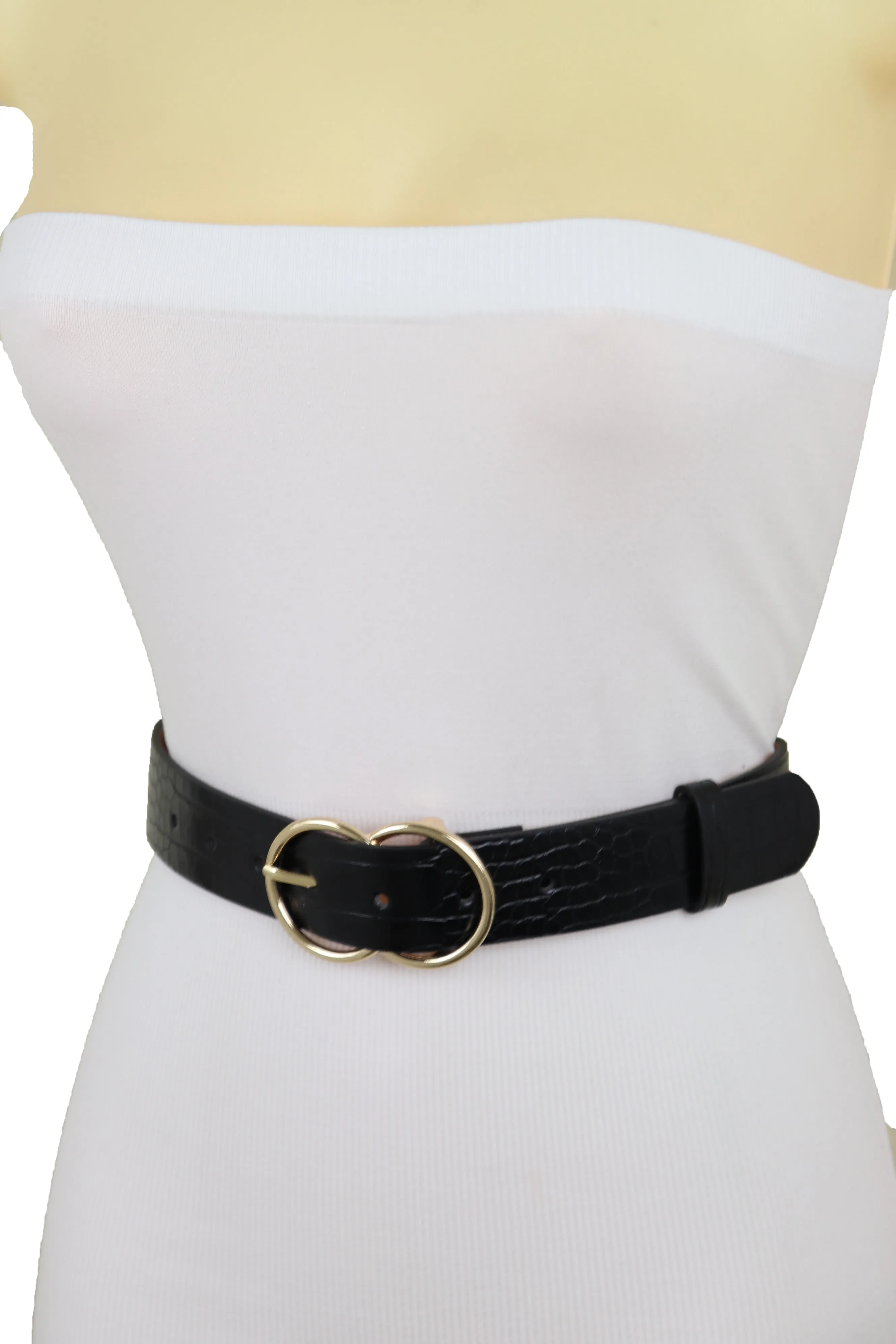 Belt Black Faux Leather Crocodile Stamp Gold Metal Circle Buckle Size M L