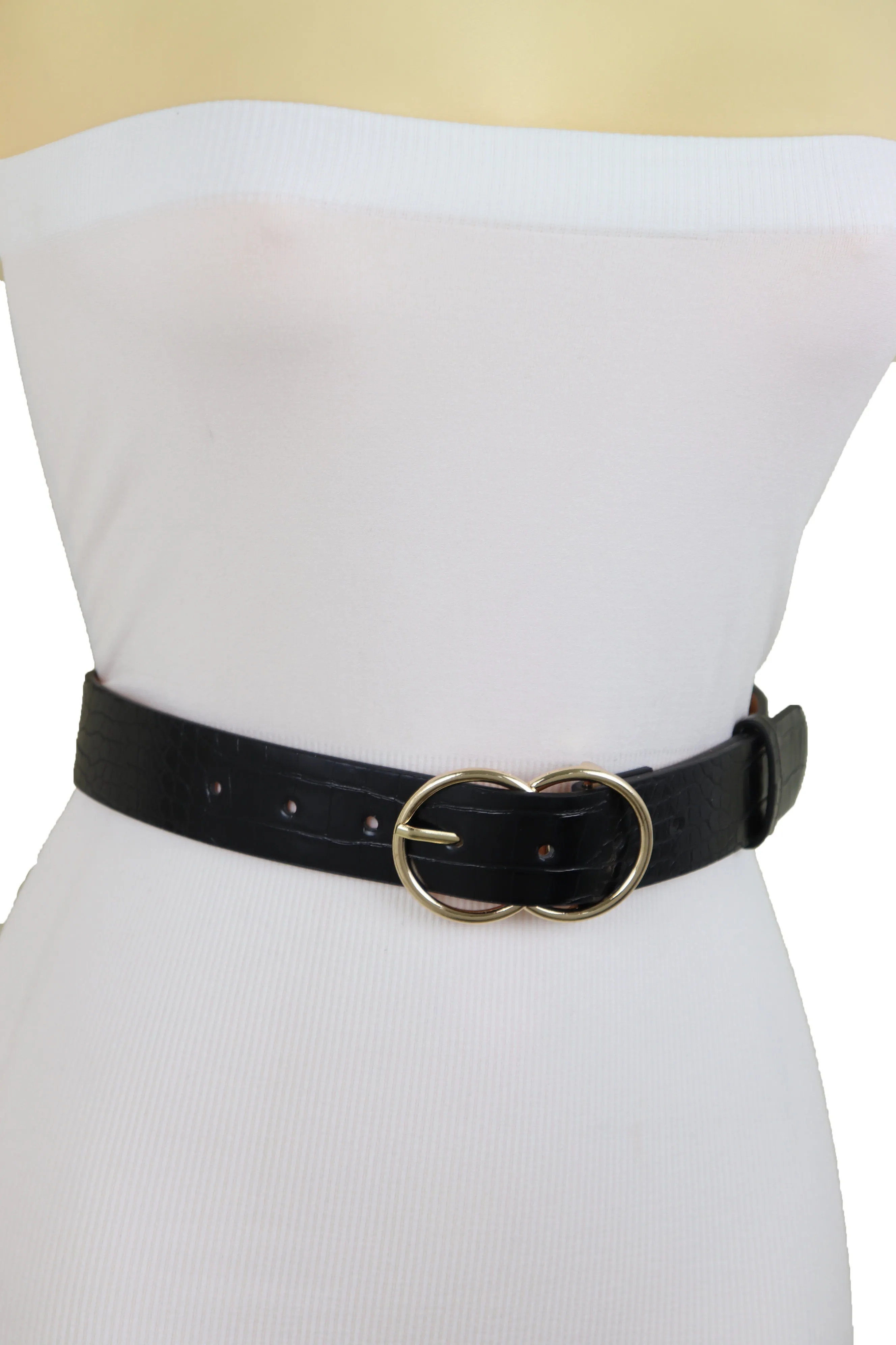 Belt Black Faux Leather Crocodile Stamp Gold Metal Circle Buckle Size M L