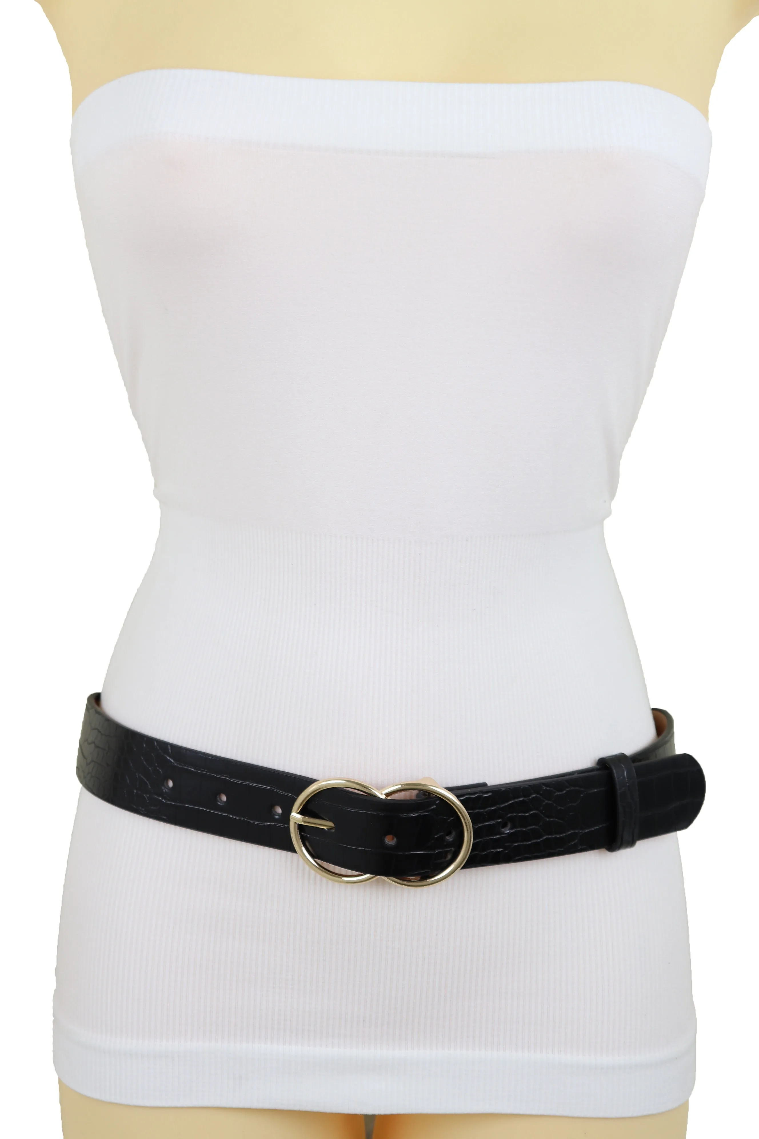 Belt Black Faux Leather Crocodile Stamp Gold Metal Circle Buckle Size M L