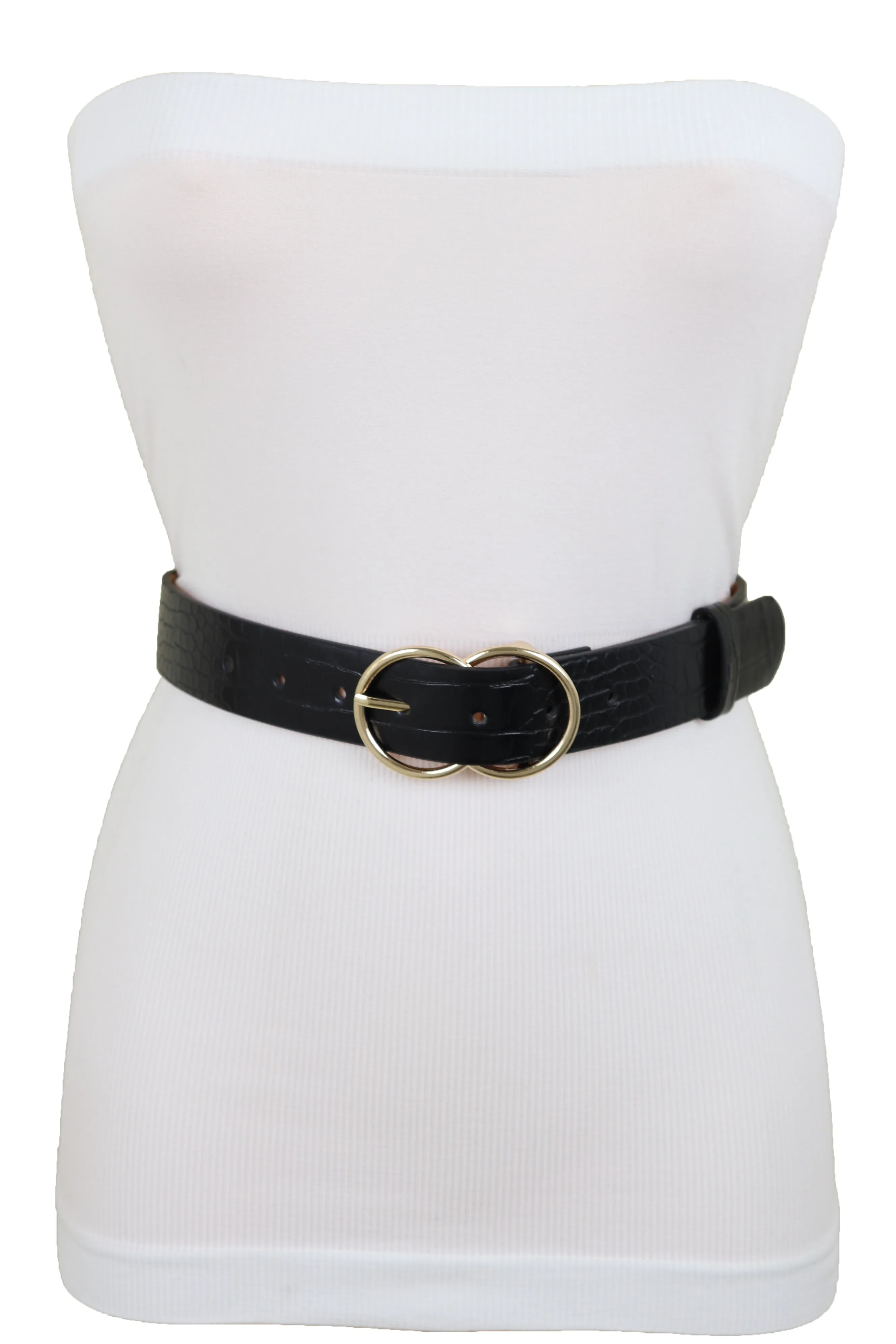 Belt Black Faux Leather Crocodile Stamp Gold Metal Circle Buckle Size M L
