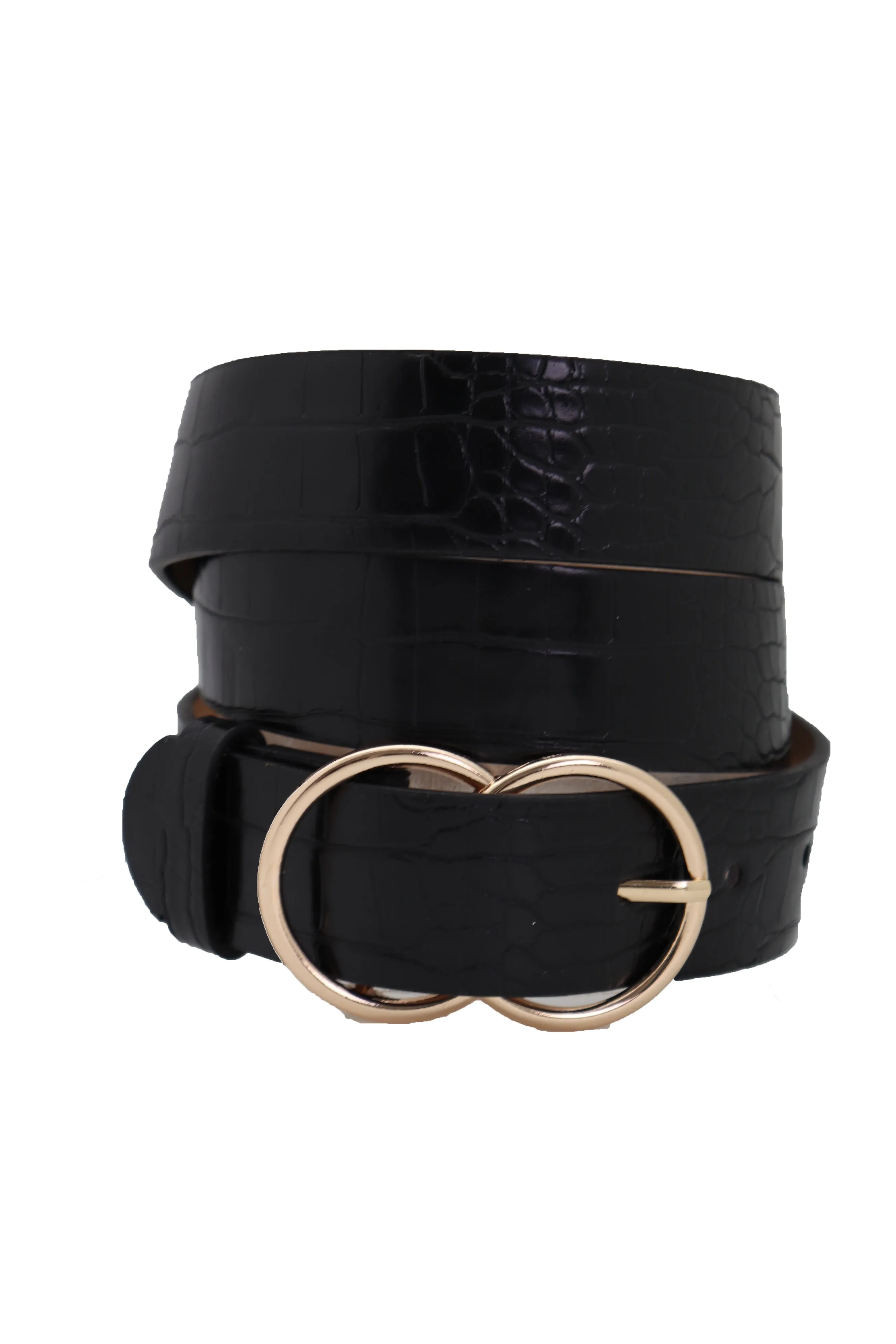 Belt Black Faux Leather Crocodile Stamp Gold Metal Circle Buckle Size M L