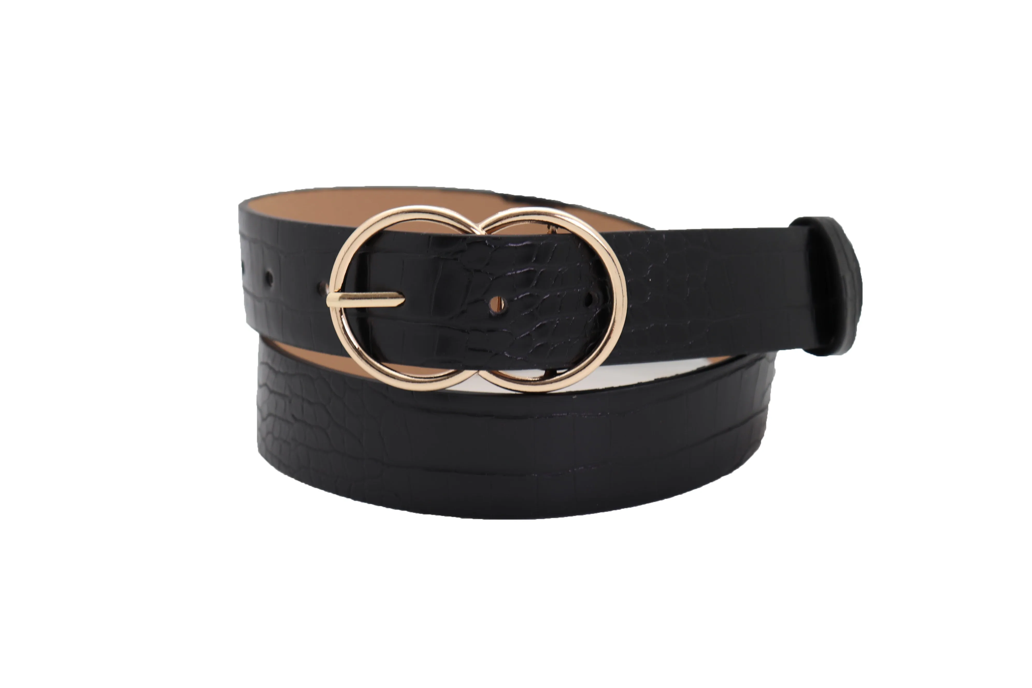 Belt Black Faux Leather Crocodile Stamp Gold Metal Circle Buckle Size M L