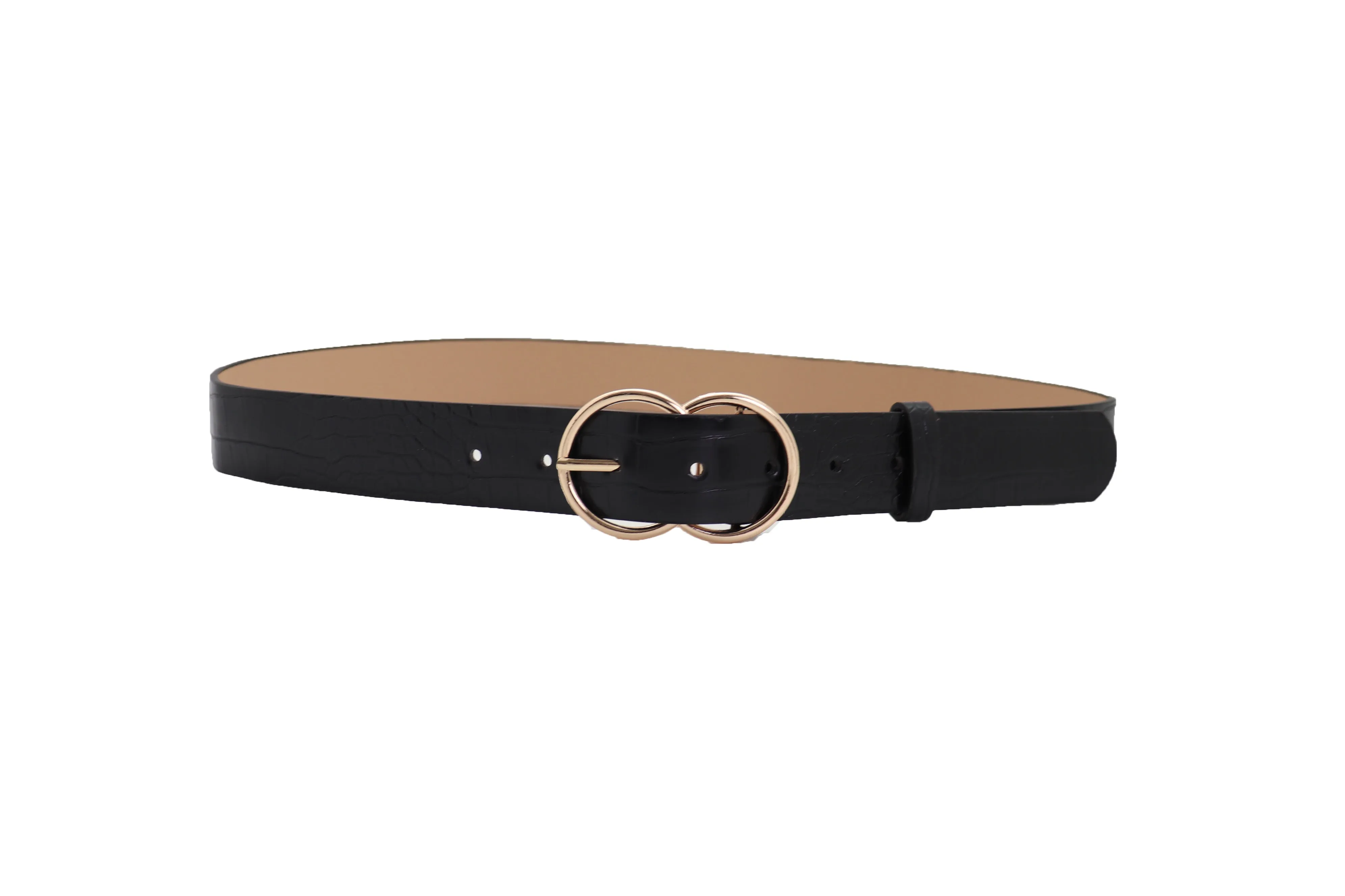 Belt Black Faux Leather Crocodile Stamp Gold Metal Circle Buckle Size M L