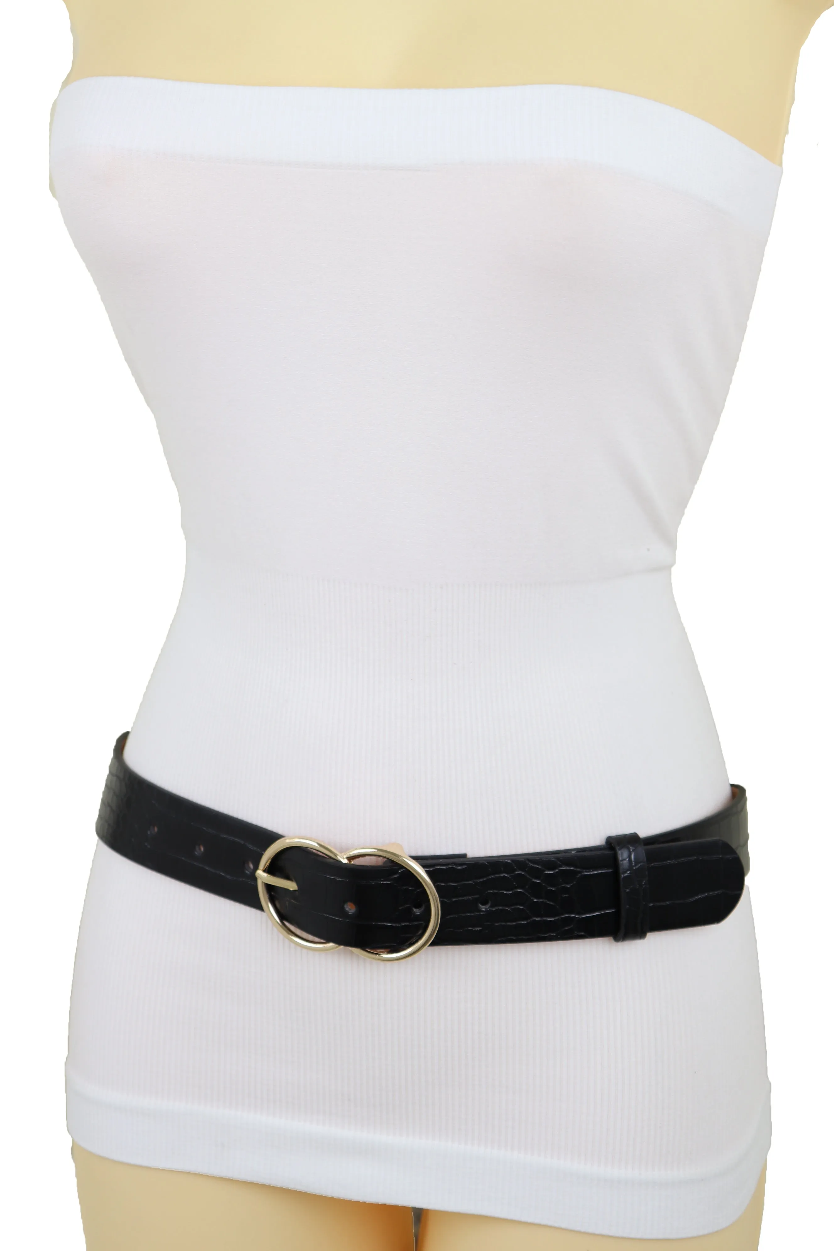 Belt Black Faux Leather Crocodile Stamp Gold Metal Circle Buckle Size M L