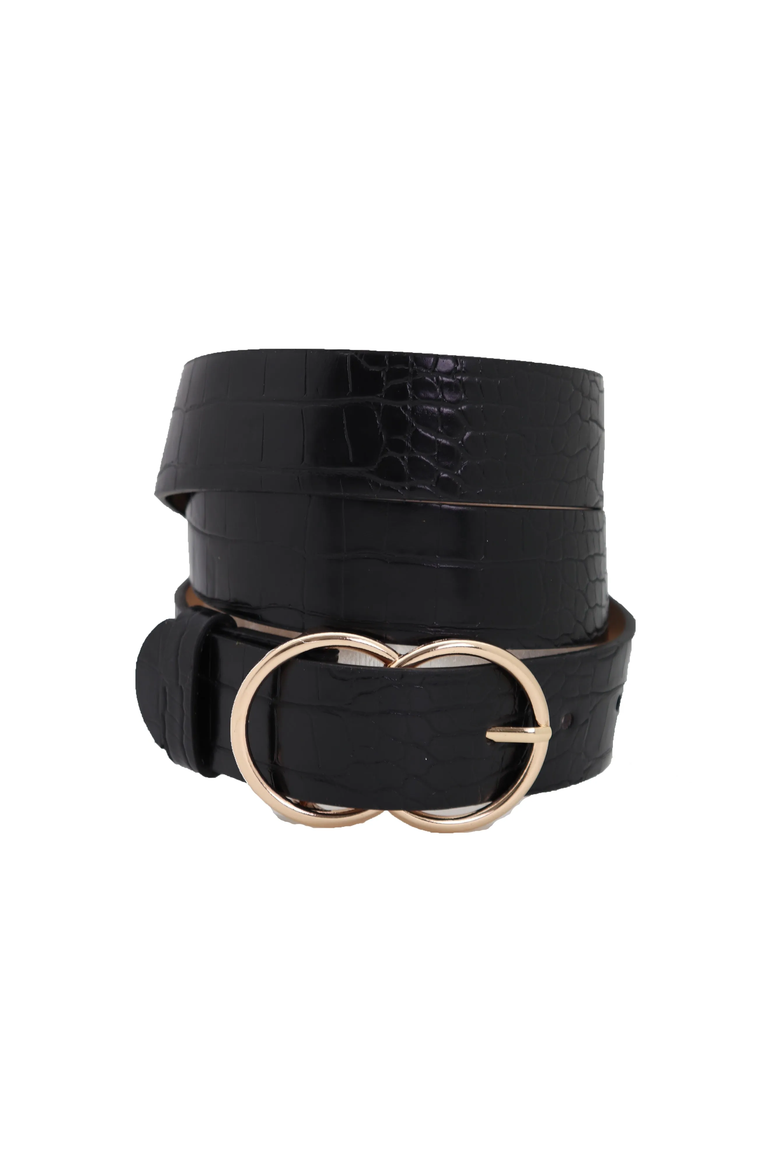 Belt Black Faux Leather Crocodile Stamp Gold Metal Circle Buckle Size M L