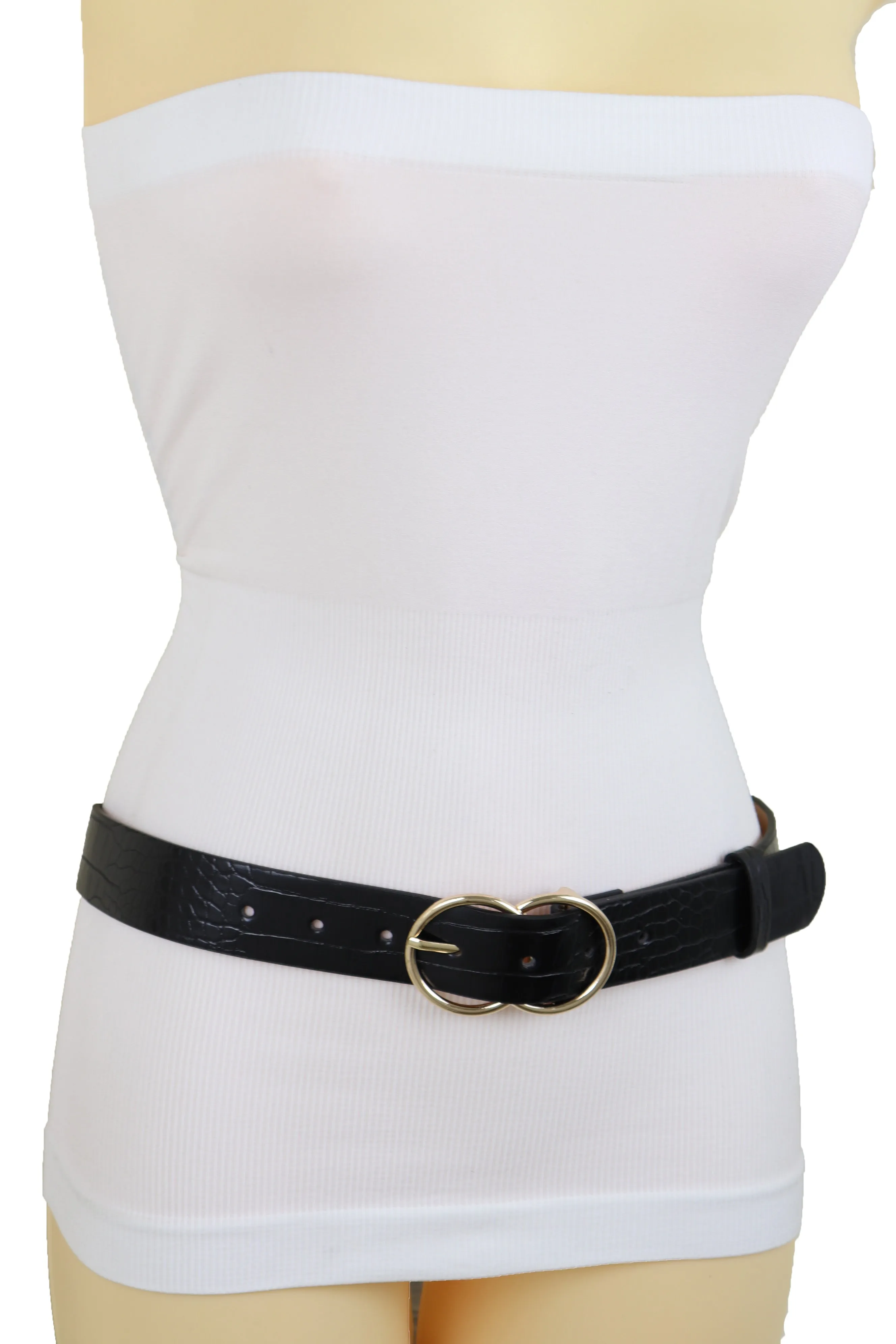 Belt Black Faux Leather Crocodile Stamp Gold Metal Circle Buckle Size M L