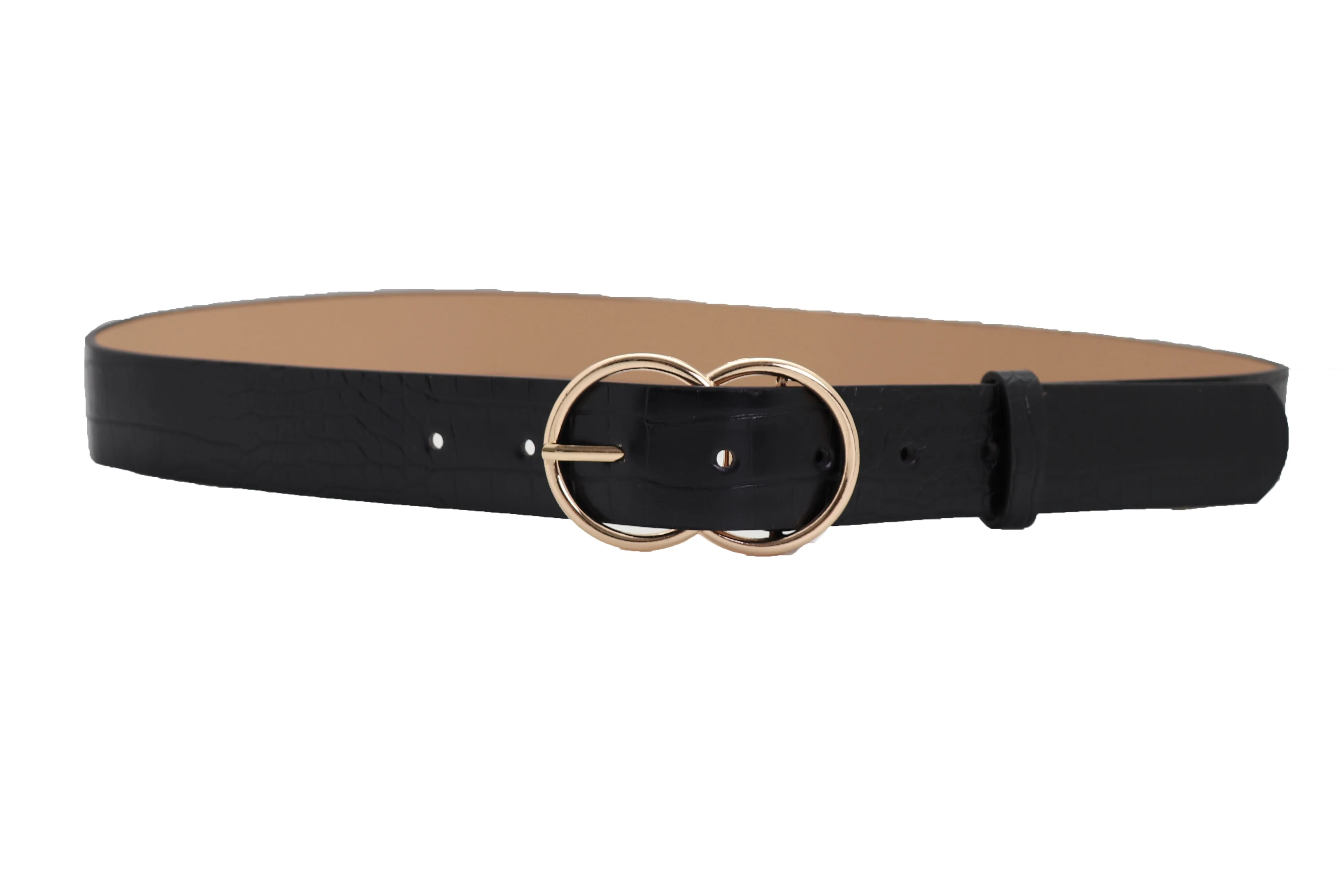 Belt Black Faux Leather Crocodile Stamp Gold Metal Circle Buckle Size M L