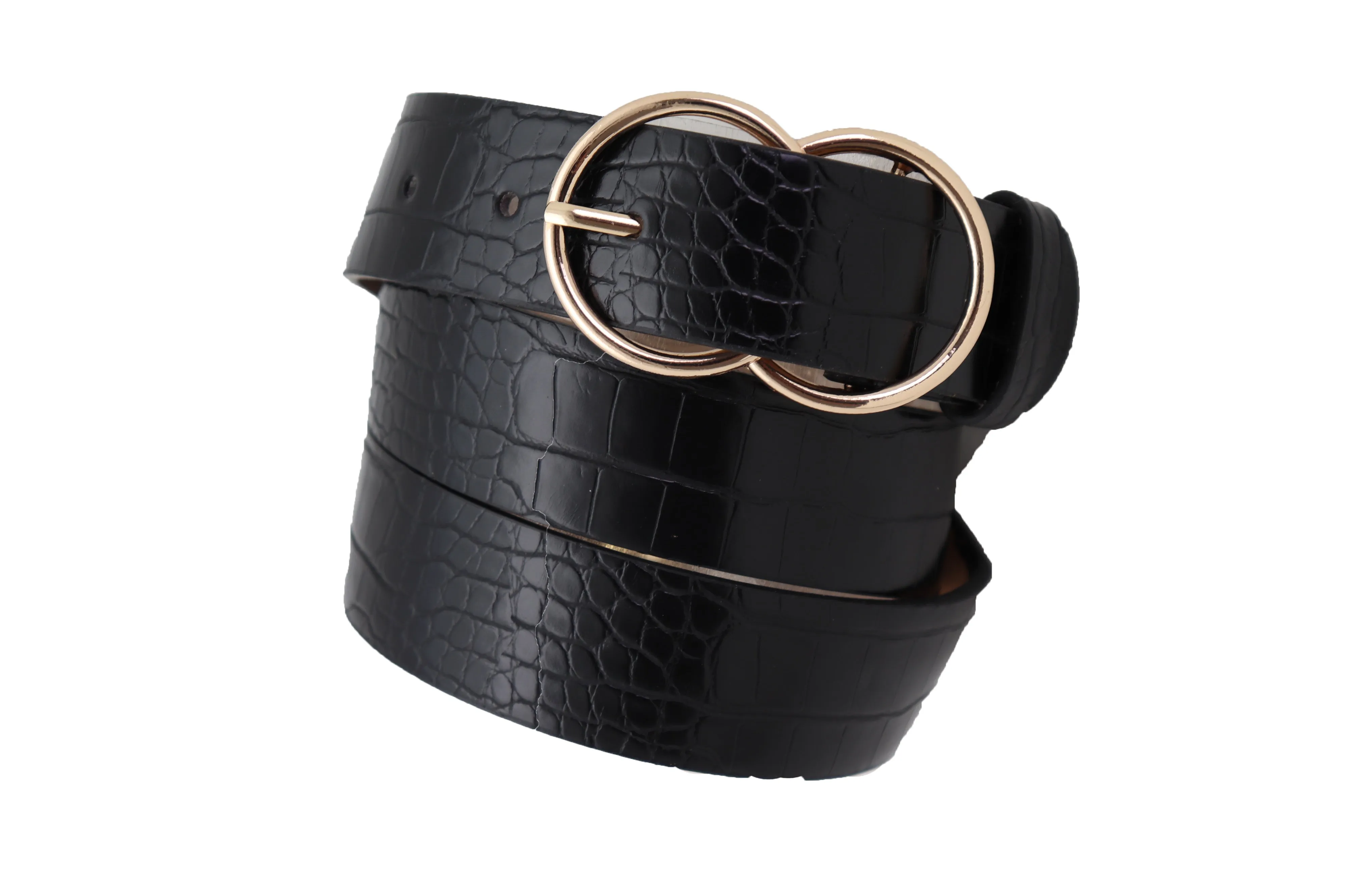 Belt Black Faux Leather Crocodile Stamp Gold Metal Circle Buckle Size M L