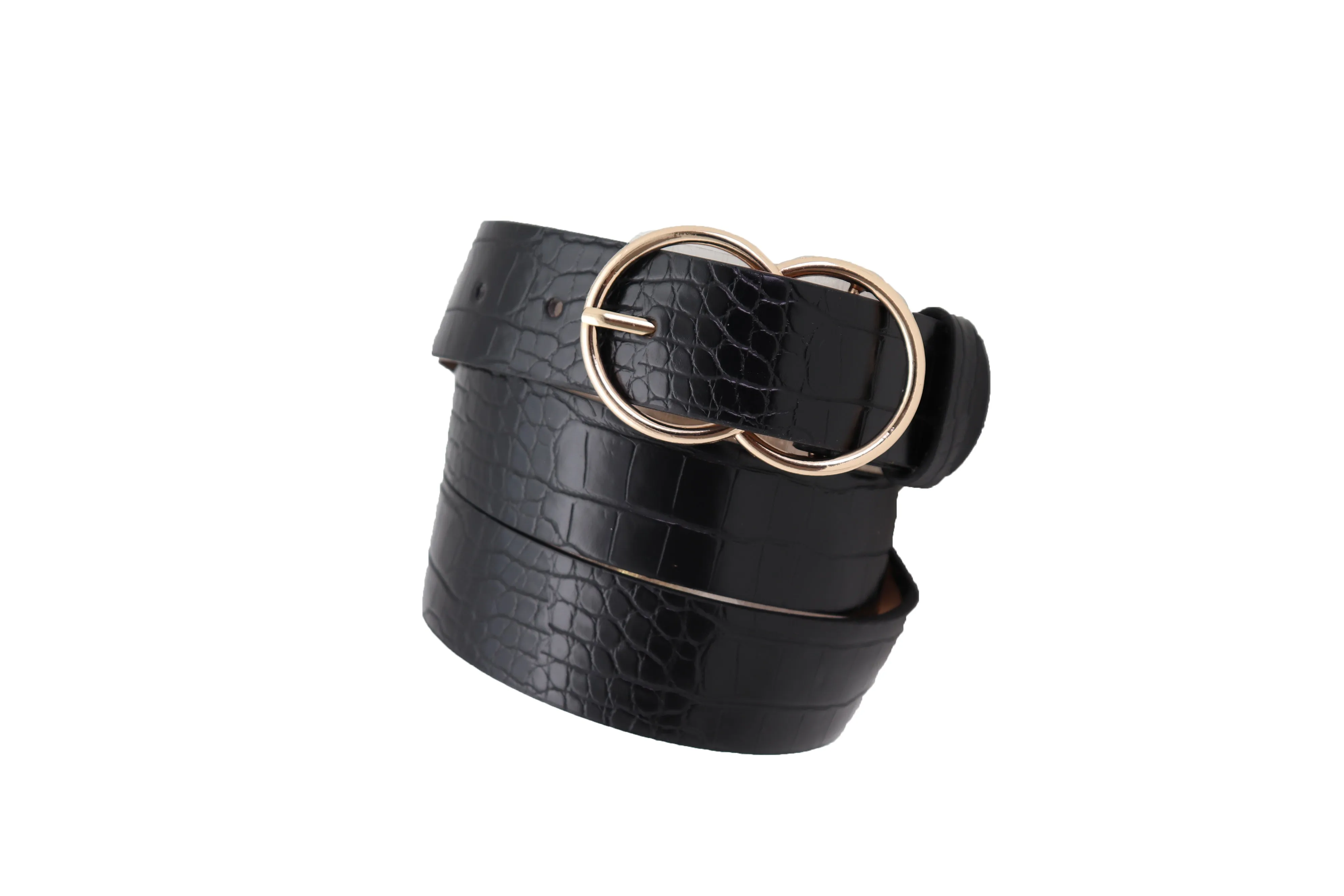 Belt Black Faux Leather Crocodile Stamp Gold Metal Circle Buckle Size M L