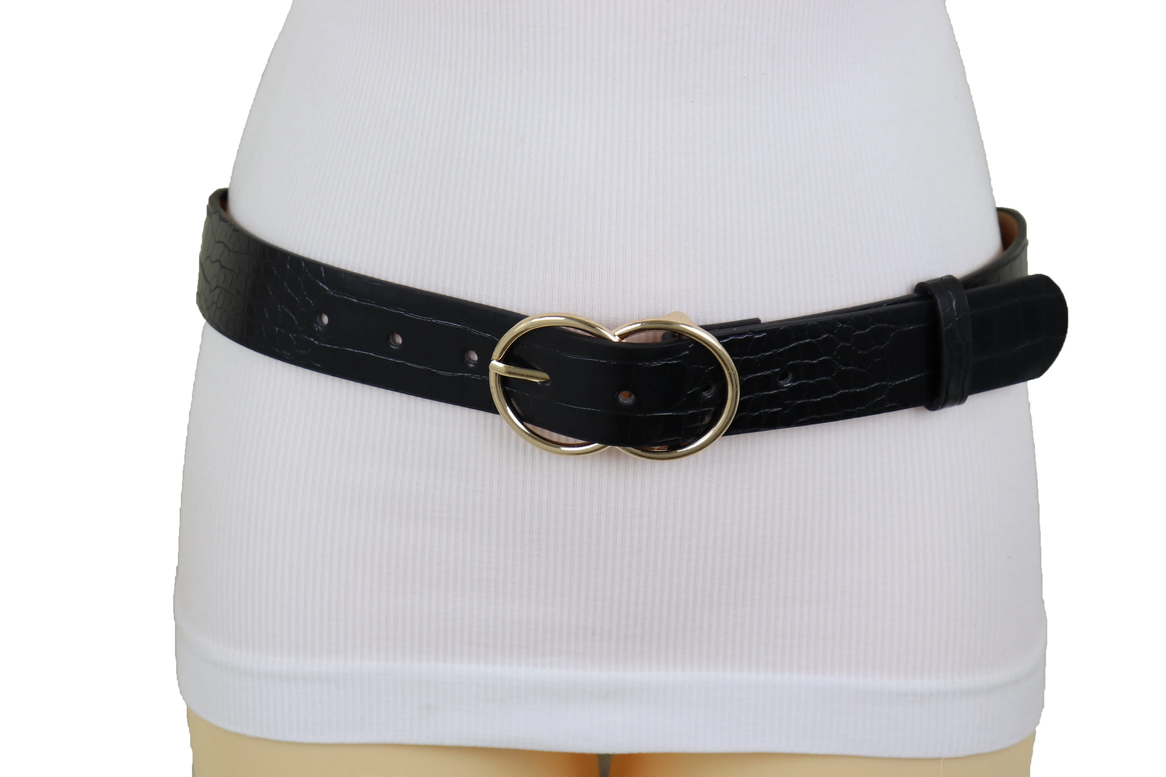 Belt Black Faux Leather Crocodile Stamp Gold Metal Circle Buckle Size M L